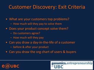 Customer Discovery: Exit Criteria
• What are your customers top problems?
– How much will they pay to solve them
• Does your product concept solve them?
– Do customers agree?
– How much will they pay
• Can you draw a day-in-the-life of a customer
– before & after your product
• Can you draw the org chart of users & buyers
 
