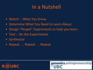 In a Nutshell
• Sketch -- What You Know.
• Determine What You Need to Learn About.
• Design “People” Experiments to help you learn.
• Test -- Do the Experiments.
• Synthesize
• Repeat…. Repeat … Repeat
 