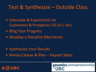 Test & Synthesize – Outside Class
• Interview & Experiment on
Customers & Prospects (10-15 / wk)
• Blog Your Progress
• Develop a Storyline (Narrative)
• Synthesize Your Results
• Revise Canvas & Plan – Repeat Steps
 