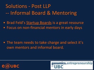 Solutions - Post LLP
-- Informal Board & Mentoring
• Brad Feld’s Startup Boards is a great resource
• Focus on non-financial mentors in early days
• The team needs to take charge and select it’s
own mentors and informal board.
 