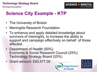 Driving Innovation


   Science City Example - KTP

   • The University of Bristol
   • Meningitis Research Foundation
   • To enhance and apply detailed knowledge about
     survivors of meningitis, to increase the ability to
     support and campaign effectively on behalf of those
     affected.
   • Department of Health (50%)
     Economic & Social Research Council (25%)
     Technology Strategy Board (25%)
   • Grant amount: £93,577.00
 