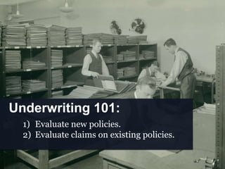 Underwriting 101:
1) Evaluate new policies.
2) Evaluate claims on existing policies.
 