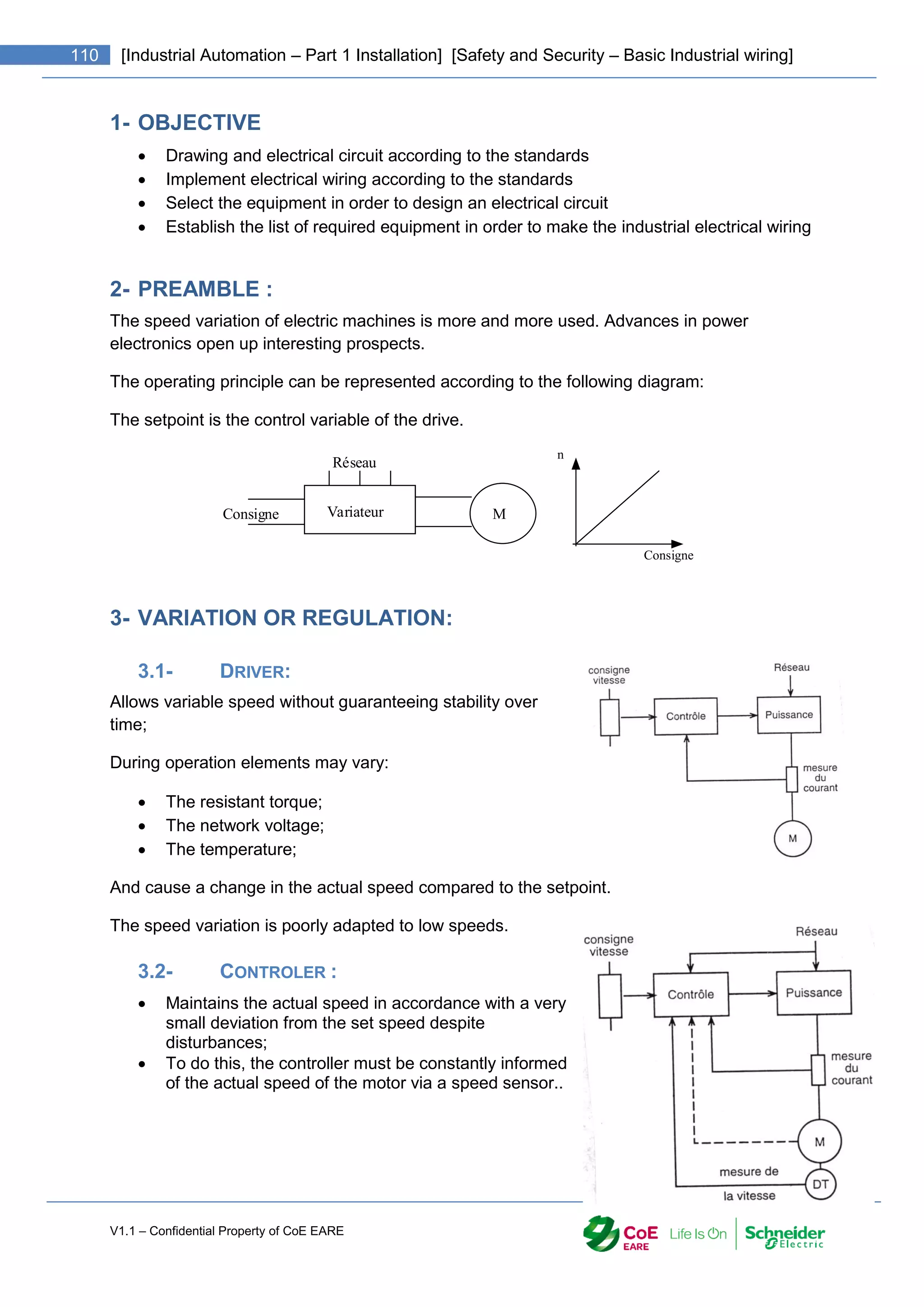 V1.1 – Confidential Property of CoE EARE
110 [Industrial Automation – Part 1 Installation] [Safety and Security – Basic Industrial wiring]
1- OBJECTIVE
 Drawing and electrical circuit according to the standards
 Implement electrical wiring according to the standards
 Select the equipment in order to design an electrical circuit
 Establish the list of required equipment in order to make the industrial electrical wiring
2- PREAMBLE :
The speed variation of electric machines is more and more used. Advances in power
electronics open up interesting prospects.
The operating principle can be represented according to the following diagram:
The setpoint is the control variable of the drive.
Variateur M
Réseau
Consigne
n
Consigne
3- VARIATION OR REGULATION:
3.1- DRIVER:
Allows variable speed without guaranteeing stability over
time;
During operation elements may vary:
 The resistant torque;
 The network voltage;
 The temperature;
And cause a change in the actual speed compared to the setpoint.
The speed variation is poorly adapted to low speeds.
3.2- CONTROLER :
 Maintains the actual speed in accordance with a very
small deviation from the set speed despite
disturbances;
 To do this, the controller must be constantly informed
of the actual speed of the motor via a speed sensor..
 