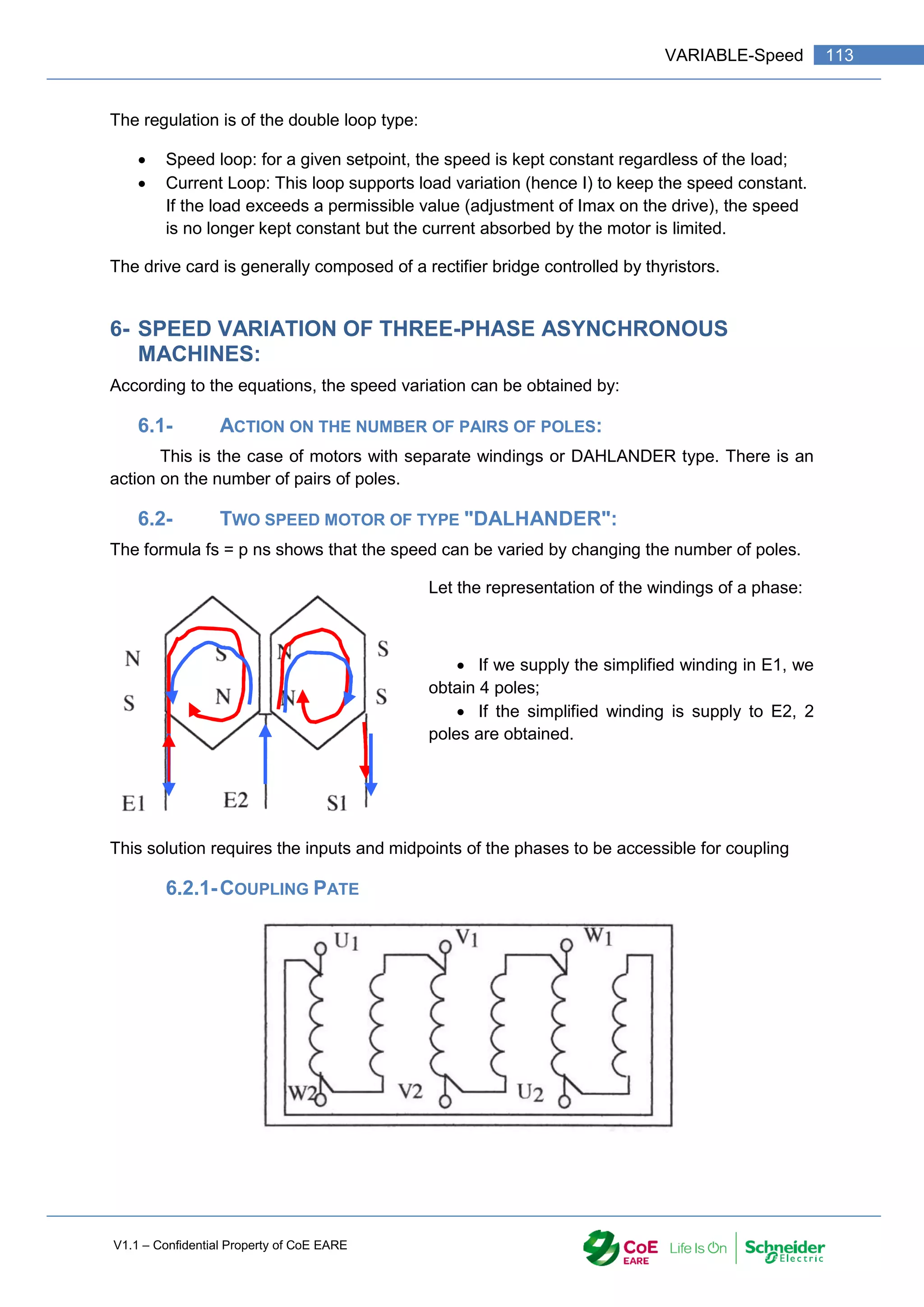 V1.1 – Confidential Property of CoE EARE
113
VARIABLE-Speed
The regulation is of the double loop type:
 Speed loop: for a given setpoint, the speed is kept constant regardless of the load;
 Current Loop: This loop supports load variation (hence I) to keep the speed constant.
If the load exceeds a permissible value (adjustment of Imax on the drive), the speed
is no longer kept constant but the current absorbed by the motor is limited.
The drive card is generally composed of a rectifier bridge controlled by thyristors.
6- SPEED VARIATION OF THREE-PHASE ASYNCHRONOUS
MACHINES:
According to the equations, the speed variation can be obtained by:
6.1- ACTION ON THE NUMBER OF PAIRS OF POLES:
This is the case of motors with separate windings or DAHLANDER type. There is an
action on the number of pairs of poles.
6.2- TWO SPEED MOTOR OF TYPE "DALHANDER":
The formula fs = p ns shows that the speed can be varied by changing the number of poles.
Let the representation of the windings of a phase:
 If we supply the simplified winding in E1, we
obtain 4 poles;
 If the simplified winding is supply to E2, 2
poles are obtained.
This solution requires the inputs and midpoints of the phases to be accessible for coupling
6.2.1-COUPLING PATE
 