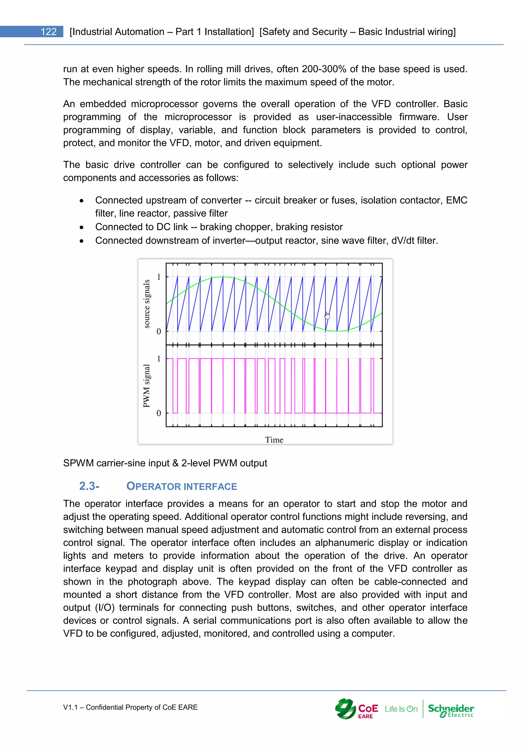 V1.1 – Confidential Property of CoE EARE
122 [Industrial Automation – Part 1 Installation] [Safety and Security – Basic Industrial wiring]
run at even higher speeds. In rolling mill drives, often 200-300% of the base speed is used.
The mechanical strength of the rotor limits the maximum speed of the motor.
An embedded microprocessor governs the overall operation of the VFD controller. Basic
programming of the microprocessor is provided as user-inaccessible firmware. User
programming of display, variable, and function block parameters is provided to control,
protect, and monitor the VFD, motor, and driven equipment.
The basic drive controller can be configured to selectively include such optional power
components and accessories as follows:
 Connected upstream of converter -- circuit breaker or fuses, isolation contactor, EMC
filter, line reactor, passive filter
 Connected to DC link -- braking chopper, braking resistor
 Connected downstream of inverter—output reactor, sine wave filter, dV/dt filter.
SPWM carrier-sine input & 2-level PWM output
2.3- OPERATOR INTERFACE
The operator interface provides a means for an operator to start and stop the motor and
adjust the operating speed. Additional operator control functions might include reversing, and
switching between manual speed adjustment and automatic control from an external process
control signal. The operator interface often includes an alphanumeric display or indication
lights and meters to provide information about the operation of the drive. An operator
interface keypad and display unit is often provided on the front of the VFD controller as
shown in the photograph above. The keypad display can often be cable-connected and
mounted a short distance from the VFD controller. Most are also provided with input and
output (I/O) terminals for connecting push buttons, switches, and other operator interface
devices or control signals. A serial communications port is also often available to allow the
VFD to be configured, adjusted, monitored, and controlled using a computer.
 