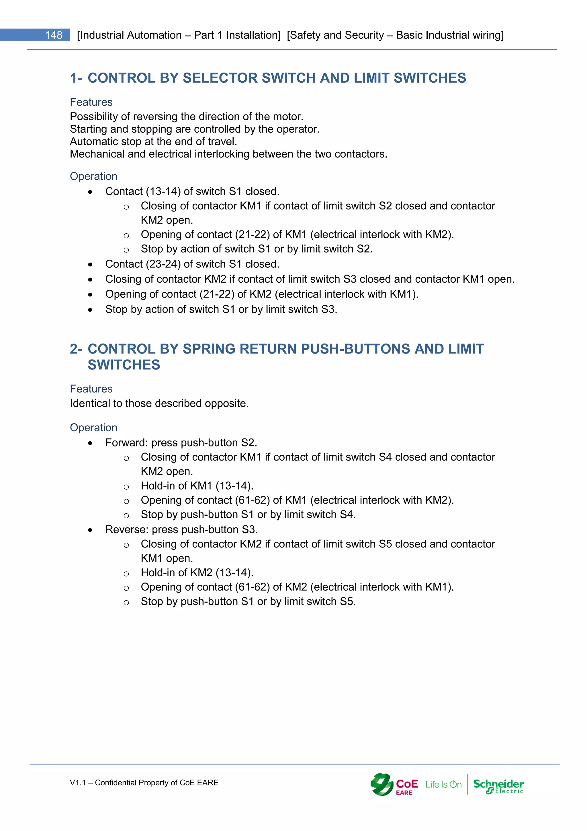 V1.1 – Confidential Property of CoE EARE
148 [Industrial Automation – Part 1 Installation] [Safety and Security – Basic Industrial wiring]
1- CONTROL BY SELECTOR SWITCH AND LIMIT SWITCHES
Features
Possibility of reversing the direction of the motor.
Starting and stopping are controlled by the operator.
Automatic stop at the end of travel.
Mechanical and electrical interlocking between the two contactors.
Operation
 Contact (13-14) of switch S1 closed.
o Closing of contactor KM1 if contact of limit switch S2 closed and contactor
KM2 open.
o Opening of contact (21-22) of KM1 (electrical interlock with KM2).
o Stop by action of switch S1 or by limit switch S2.
 Contact (23-24) of switch S1 closed.
 Closing of contactor KM2 if contact of limit switch S3 closed and contactor KM1 open.
 Opening of contact (21-22) of KM2 (electrical interlock with KM1).
 Stop by action of switch S1 or by limit switch S3.
2- CONTROL BY SPRING RETURN PUSH-BUTTONS AND LIMIT
SWITCHES
Features
Identical to those described opposite.
Operation
 Forward: press push-button S2.
o Closing of contactor KM1 if contact of limit switch S4 closed and contactor
KM2 open.
o Hold-in of KM1 (13-14).
o Opening of contact (61-62) of KM1 (electrical interlock with KM2).
o Stop by push-button S1 or by limit switch S4.
 Reverse: press push-button S3.
o Closing of contactor KM2 if contact of limit switch S5 closed and contactor
KM1 open.
o Hold-in of KM2 (13-14).
o Opening of contact (61-62) of KM2 (electrical interlock with KM1).
o Stop by push-button S1 or by limit switch S5.
 