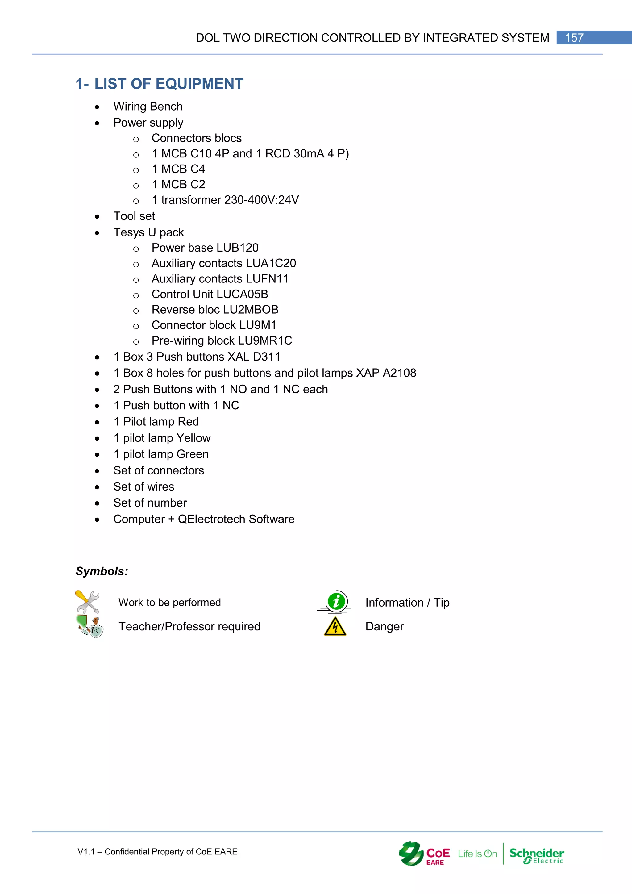 V1.1 – Confidential Property of CoE EARE
157
DOL TWO DIRECTION CONTROLLED BY INTEGRATED SYSTEM
1- LIST OF EQUIPMENT
 Wiring Bench
 Power supply
o Connectors blocs
o 1 MCB C10 4P and 1 RCD 30mA 4 P)
o 1 MCB C4
o 1 MCB C2
o 1 transformer 230-400V:24V
 Tool set
 Tesys U pack
o Power base LUB120
o Auxiliary contacts LUA1C20
o Auxiliary contacts LUFN11
o Control Unit LUCA05B
o Reverse bloc LU2MBOB
o Connector block LU9M1
o Pre-wiring block LU9MR1C
 1 Box 3 Push buttons XAL D311
 1 Box 8 holes for push buttons and pilot lamps XAP A2108
 2 Push Buttons with 1 NO and 1 NC each
 1 Push button with 1 NC
 1 Pilot lamp Red
 1 pilot lamp Yellow
 1 pilot lamp Green
 Set of connectors
 Set of wires
 Set of number
 Computer + QElectrotech Software
Symbols:
Work to be performed Information / Tip
Teacher/Professor required Danger
 