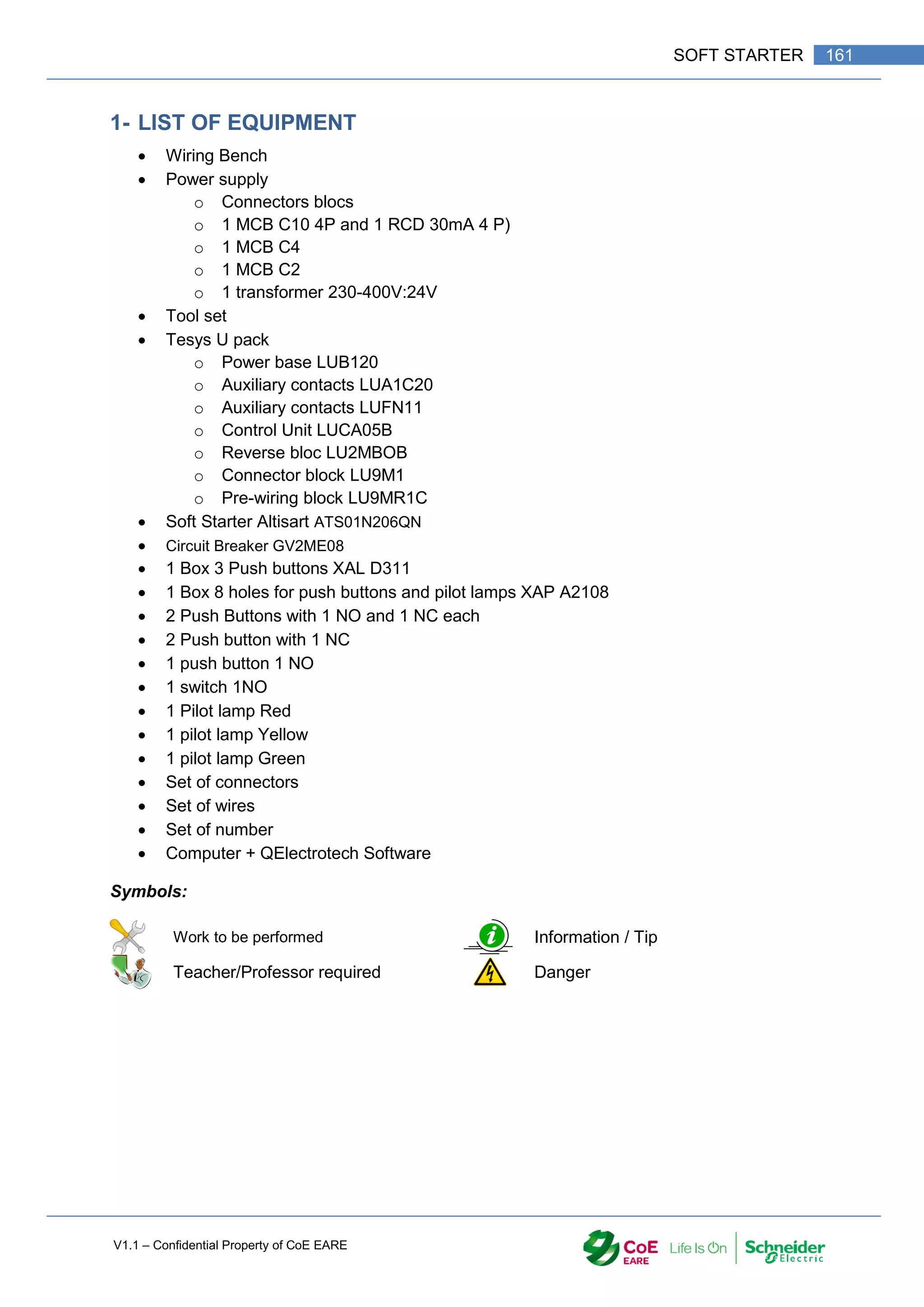 V1.1 – Confidential Property of CoE EARE
161
SOFT STARTER
1- LIST OF EQUIPMENT
 Wiring Bench
 Power supply
o Connectors blocs
o 1 MCB C10 4P and 1 RCD 30mA 4 P)
o 1 MCB C4
o 1 MCB C2
o 1 transformer 230-400V:24V
 Tool set
 Tesys U pack
o Power base LUB120
o Auxiliary contacts LUA1C20
o Auxiliary contacts LUFN11
o Control Unit LUCA05B
o Reverse bloc LU2MBOB
o Connector block LU9M1
o Pre-wiring block LU9MR1C
 Soft Starter Altisart ATS01N206QN
 Circuit Breaker GV2ME08
 1 Box 3 Push buttons XAL D311
 1 Box 8 holes for push buttons and pilot lamps XAP A2108
 2 Push Buttons with 1 NO and 1 NC each
 2 Push button with 1 NC
 1 push button 1 NO
 1 switch 1NO
 1 Pilot lamp Red
 1 pilot lamp Yellow
 1 pilot lamp Green
 Set of connectors
 Set of wires
 Set of number
 Computer + QElectrotech Software
Symbols:
Work to be performed Information / Tip
Teacher/Professor required Danger
 