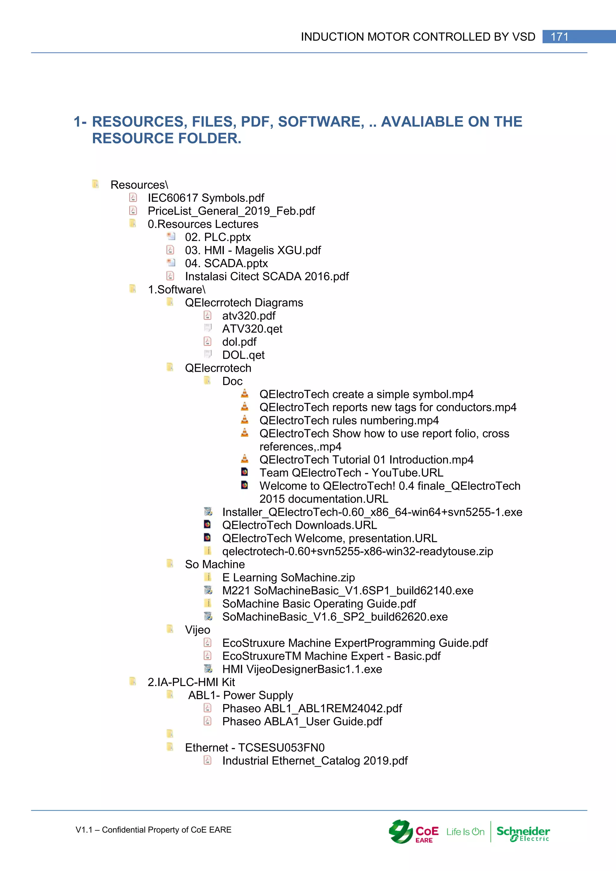 V1.1 – Confidential Property of CoE EARE
171
INDUCTION MOTOR CONTROLLED BY VSD
1- RESOURCES, FILES, PDF, SOFTWARE, .. AVALIABLE ON THE
RESOURCE FOLDER.
Resources
IEC60617 Symbols.pdf
PriceList_General_2019_Feb.pdf
0.Resources Lectures
02. PLC.pptx
03. HMI - Magelis XGU.pdf
04. SCADA.pptx
Instalasi Citect SCADA 2016.pdf
1.Software
QElecrrotech Diagrams
atv320.pdf
ATV320.qet
dol.pdf
DOL.qet
QElecrrotech
Doc
QElectroTech create a simple symbol.mp4
QElectroTech reports new tags for conductors.mp4
QElectroTech rules numbering.mp4
QElectroTech Show how to use report folio, cross
references,.mp4
QElectroTech Tutorial 01 Introduction.mp4
Team QElectroTech - YouTube.URL
Welcome to QElectroTech! 0.4 finale_QElectroTech
2015 documentation.URL
Installer_QElectroTech-0.60_x86_64-win64+svn5255-1.exe
QElectroTech Downloads.URL
QElectroTech Welcome, presentation.URL
qelectrotech-0.60+svn5255-x86-win32-readytouse.zip
So Machine
E Learning SoMachine.zip
M221 SoMachineBasic_V1.6SP1_build62140.exe
SoMachine Basic Operating Guide.pdf
SoMachineBasic_V1.6_SP2_build62620.exe
Vijeo
EcoStruxure Machine ExpertProgramming Guide.pdf
EcoStruxureTM Machine Expert - Basic.pdf
HMI VijeoDesignerBasic1.1.exe
2.IA-PLC-HMI Kit
ABL1- Power Supply
Phaseo ABL1_ABL1REM24042.pdf
Phaseo ABLA1_User Guide.pdf
Ethernet - TCSESU053FN0
Industrial Ethernet_Catalog 2019.pdf
 