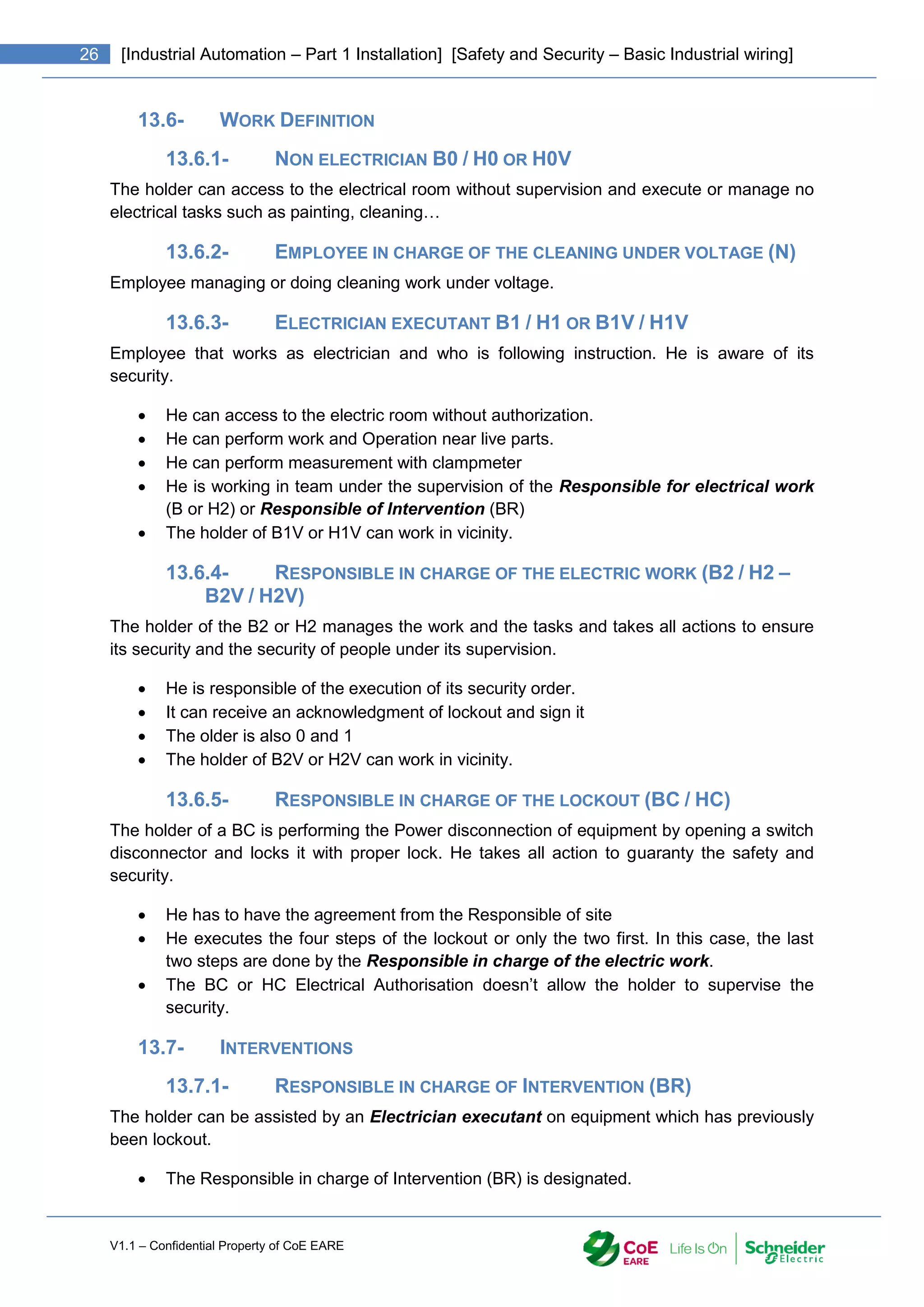 V1.1 – Confidential Property of CoE EARE
26 [Industrial Automation – Part 1 Installation] [Safety and Security – Basic Industrial wiring]
13.6- WORK DEFINITION
13.6.1- NON ELECTRICIAN B0 / H0 OR H0V
The holder can access to the electrical room without supervision and execute or manage no
electrical tasks such as painting, cleaning…
13.6.2- EMPLOYEE IN CHARGE OF THE CLEANING UNDER VOLTAGE (N)
Employee managing or doing cleaning work under voltage.
13.6.3- ELECTRICIAN EXECUTANT B1 / H1 OR B1V / H1V
Employee that works as electrician and who is following instruction. He is aware of its
security.
 He can access to the electric room without authorization.
 He can perform work and Operation near live parts.
 He can perform measurement with clampmeter
 He is working in team under the supervision of the Responsible for electrical work
(B or H2) or Responsible of Intervention (BR)
 The holder of B1V or H1V can work in vicinity.
13.6.4- RESPONSIBLE IN CHARGE OF THE ELECTRIC WORK (B2 / H2 –
B2V / H2V)
The holder of the B2 or H2 manages the work and the tasks and takes all actions to ensure
its security and the security of people under its supervision.
 He is responsible of the execution of its security order.
 It can receive an acknowledgment of lockout and sign it
 The older is also 0 and 1
 The holder of B2V or H2V can work in vicinity.
13.6.5- RESPONSIBLE IN CHARGE OF THE LOCKOUT (BC / HC)
The holder of a BC is performing the Power disconnection of equipment by opening a switch
disconnector and locks it with proper lock. He takes all action to guaranty the safety and
security.
 He has to have the agreement from the Responsible of site
 He executes the four steps of the lockout or only the two first. In this case, the last
two steps are done by the Responsible in charge of the electric work.
 The BC or HC Electrical Authorisation doesn’t allow the holder to supervise the
security.
13.7- INTERVENTIONS
13.7.1- RESPONSIBLE IN CHARGE OF INTERVENTION (BR)
The holder can be assisted by an Electrician executant on equipment which has previously
been lockout.
 The Responsible in charge of Intervention (BR) is designated.
 