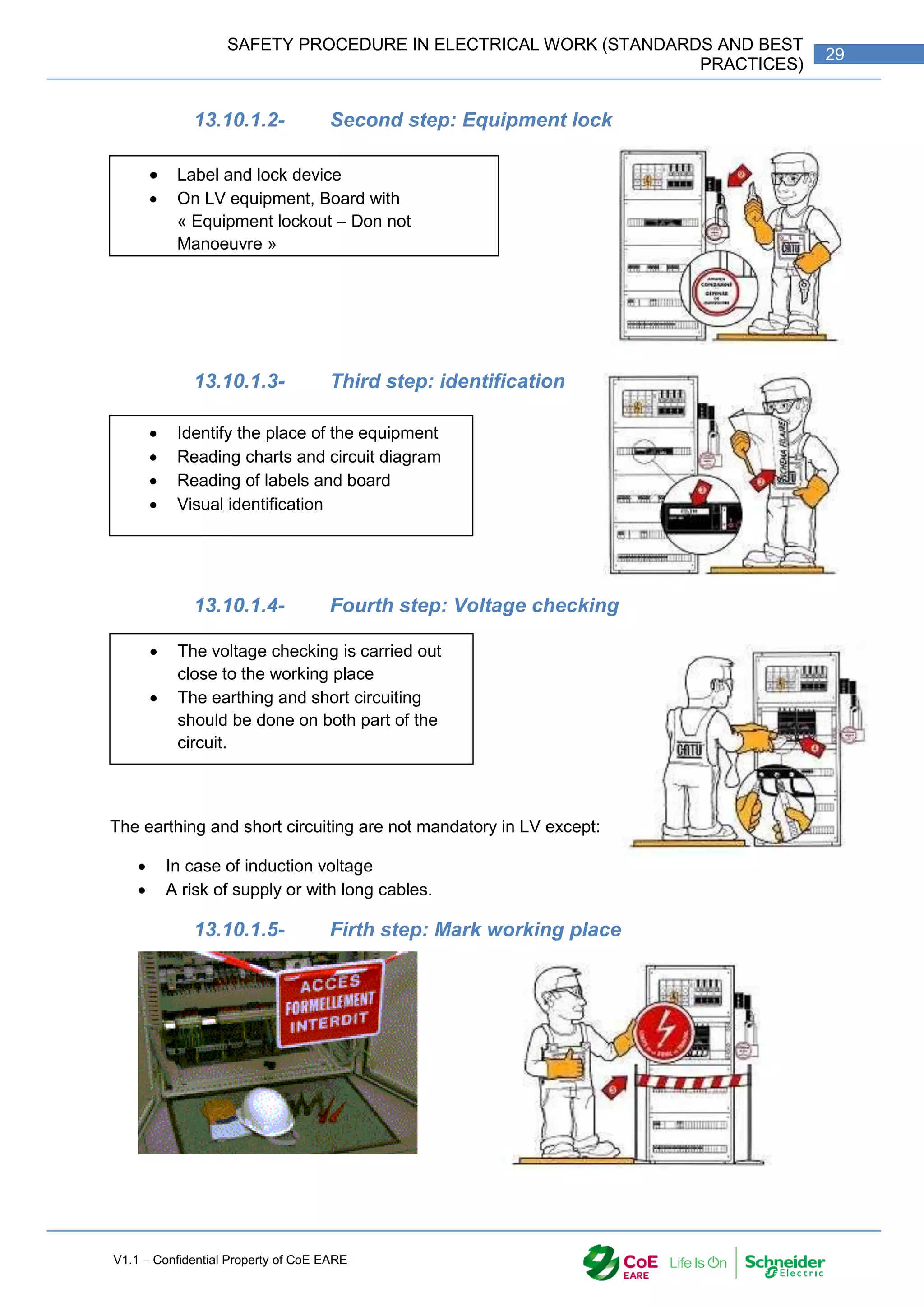 V1.1 – Confidential Property of CoE EARE
29
SAFETY PROCEDURE IN ELECTRICAL WORK (STANDARDS AND BEST
PRACTICES)
13.10.1.2- Second step: Equipment lock
13.10.1.3- Third step: identification
13.10.1.4- Fourth step: Voltage checking
The earthing and short circuiting are not mandatory in LV except:
 In case of induction voltage
 A risk of supply or with long cables.
13.10.1.5- Firth step: Mark working place
 Label and lock device
 On LV equipment, Board with
« Equipment lockout – Don not
Manoeuvre »
 Identify the place of the equipment
 Reading charts and circuit diagram
 Reading of labels and board
 Visual identification
 The voltage checking is carried out
close to the working place
 The earthing and short circuiting
should be done on both part of the
circuit.
 