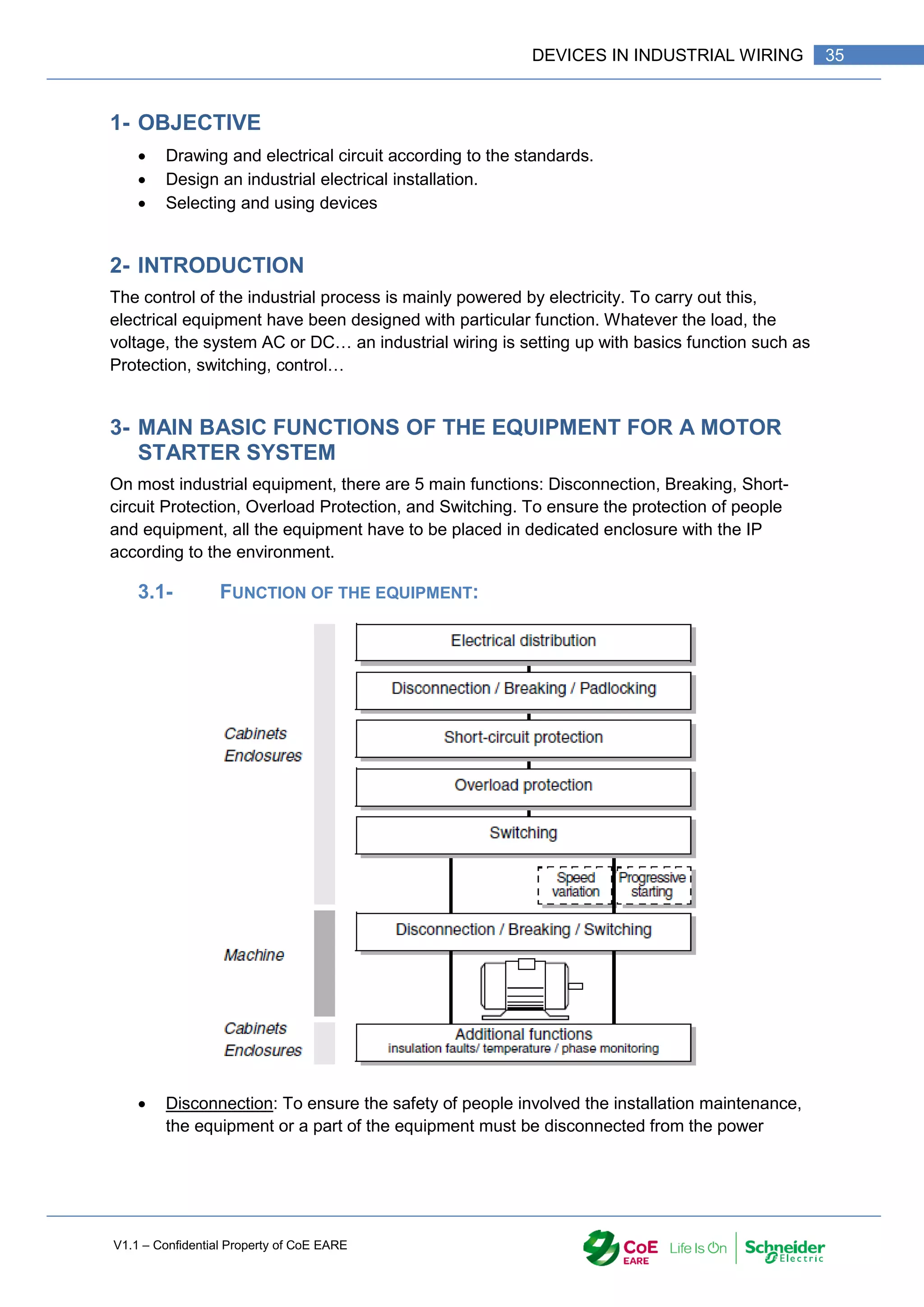 V1.1 – Confidential Property of CoE EARE
35
DEVICES IN INDUSTRIAL WIRING
1- OBJECTIVE
 Drawing and electrical circuit according to the standards.
 Design an industrial electrical installation.
 Selecting and using devices
2- INTRODUCTION
The control of the industrial process is mainly powered by electricity. To carry out this,
electrical equipment have been designed with particular function. Whatever the load, the
voltage, the system AC or DC… an industrial wiring is setting up with basics function such as
Protection, switching, control…
3- MAIN BASIC FUNCTIONS OF THE EQUIPMENT FOR A MOTOR
STARTER SYSTEM
On most industrial equipment, there are 5 main functions: Disconnection, Breaking, Short-
circuit Protection, Overload Protection, and Switching. To ensure the protection of people
and equipment, all the equipment have to be placed in dedicated enclosure with the IP
according to the environment.
3.1- FUNCTION OF THE EQUIPMENT:
 Disconnection: To ensure the safety of people involved the installation maintenance,
the equipment or a part of the equipment must be disconnected from the power
 