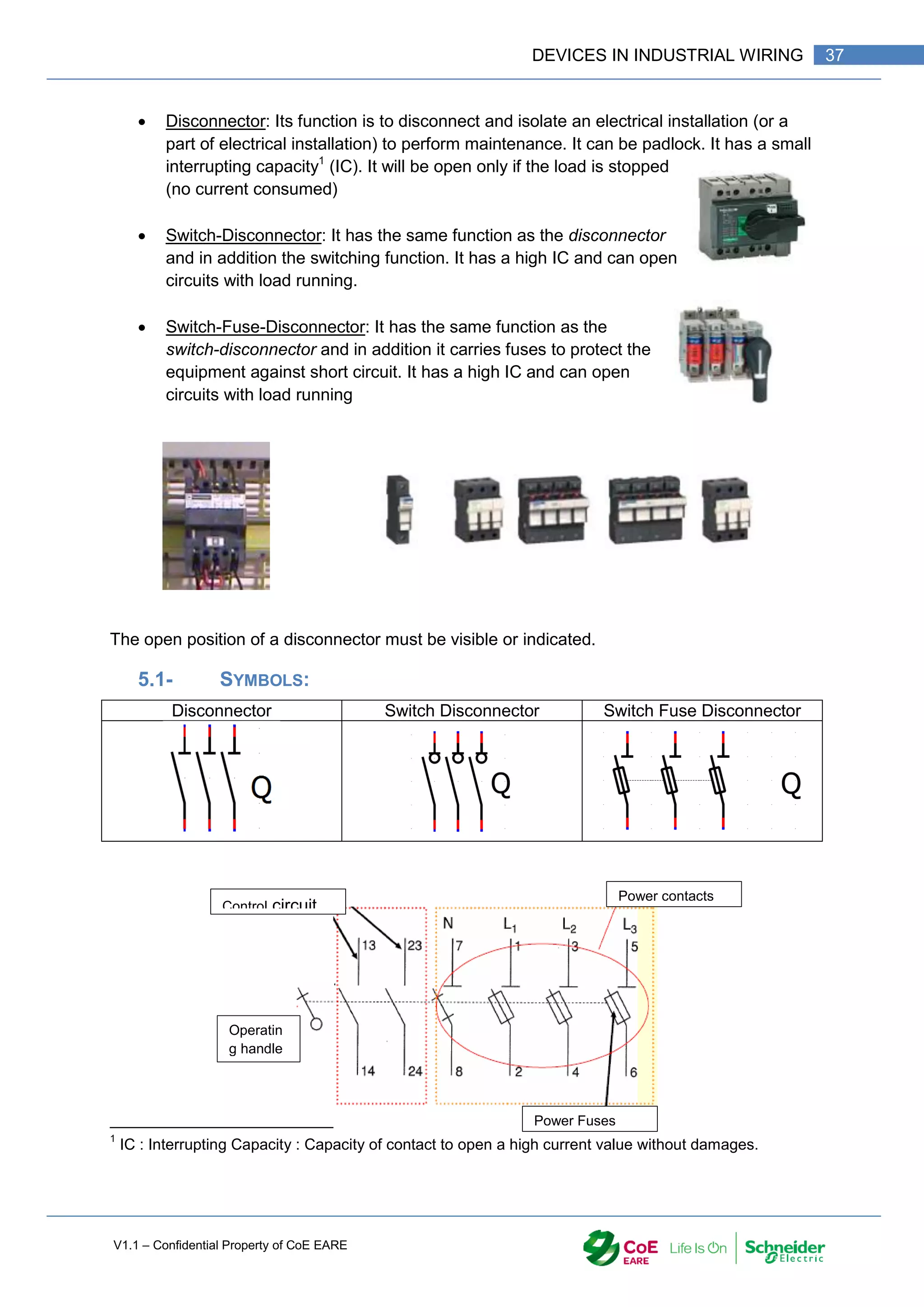 V1.1 – Confidential Property of CoE EARE
37
DEVICES IN INDUSTRIAL WIRING
 Disconnector: Its function is to disconnect and isolate an electrical installation (or a
part of electrical installation) to perform maintenance. It can be padlock. It has a small
interrupting capacity1
(IC). It will be open only if the load is stopped
(no current consumed)
 Switch-Disconnector: It has the same function as the disconnector
and in addition the switching function. It has a high IC and can open
circuits with load running.
 Switch-Fuse-Disconnector: It has the same function as the
switch-disconnector and in addition it carries fuses to protect the
equipment against short circuit. It has a high IC and can open
circuits with load running
The open position of a disconnector must be visible or indicated.
5.1- SYMBOLS:
Disconnector Switch Disconnector Switch Fuse Disconnector
1
IC : Interrupting Capacity : Capacity of contact to open a high current value without damages.
Control circuit
Power contacts
Power Fuses
Operatin
g handle
 