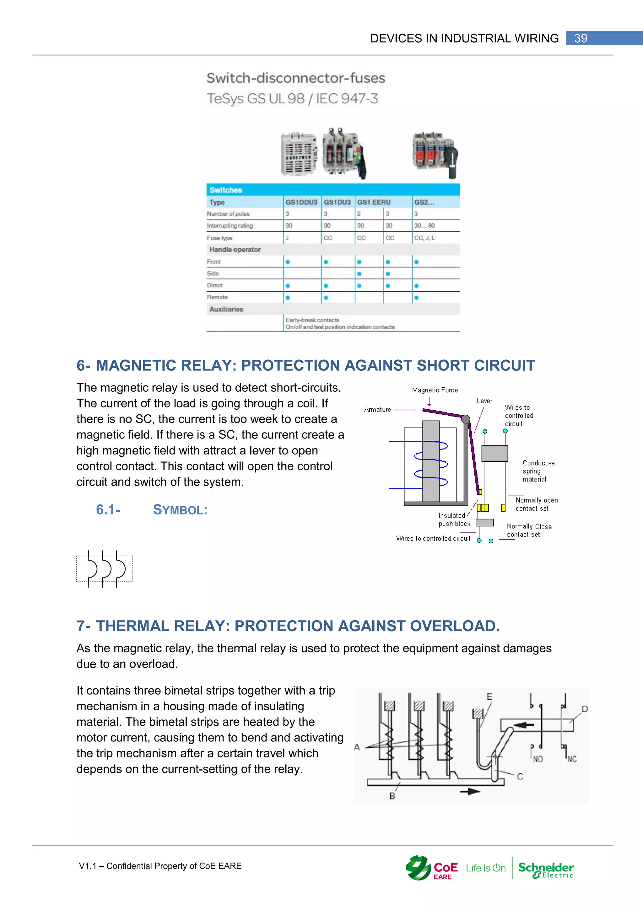 V1.1 – Confidential Property of CoE EARE
39
DEVICES IN INDUSTRIAL WIRING
6- MAGNETIC RELAY: PROTECTION AGAINST SHORT CIRCUIT
The magnetic relay is used to detect short-circuits.
The current of the load is going through a coil. If
there is no SC, the current is too week to create a
magnetic field. If there is a SC, the current create a
high magnetic field with attract a lever to open
control contact. This contact will open the control
circuit and switch of the system.
6.1- SYMBOL:
7- THERMAL RELAY: PROTECTION AGAINST OVERLOAD.
As the magnetic relay, the thermal relay is used to protect the equipment against damages
due to an overload.
It contains three bimetal strips together with a trip
mechanism in a housing made of insulating
material. The bimetal strips are heated by the
motor current, causing them to bend and activating
the trip mechanism after a certain travel which
depends on the current-setting of the relay.
 