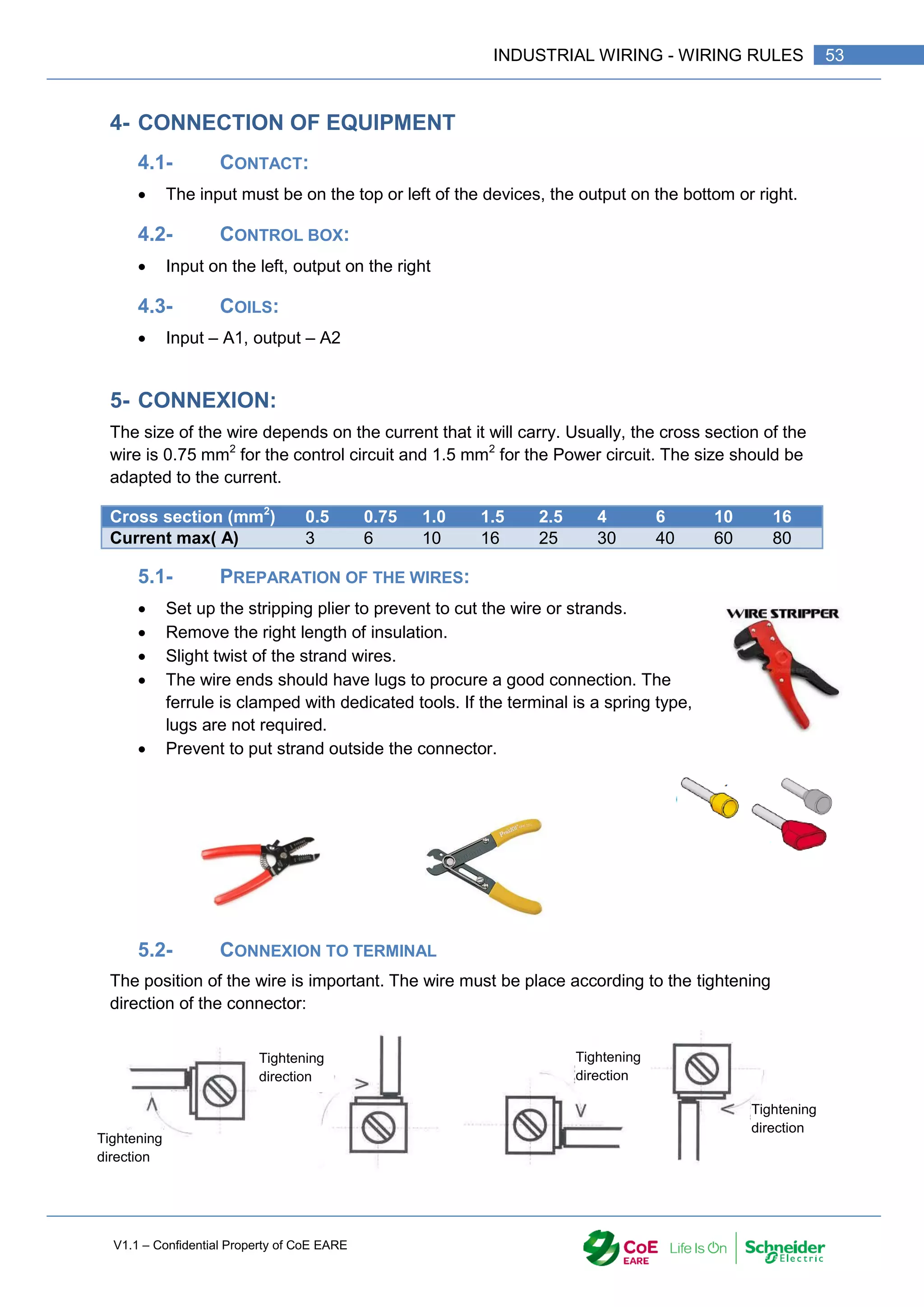 V1.1 – Confidential Property of CoE EARE
53
INDUSTRIAL WIRING - WIRING RULES
4- CONNECTION OF EQUIPMENT
4.1- CONTACT:
 The input must be on the top or left of the devices, the output on the bottom or right.
4.2- CONTROL BOX:
 Input on the left, output on the right
4.3- COILS:
 Input – A1, output – A2
5- CONNEXION:
The size of the wire depends on the current that it will carry. Usually, the cross section of the
wire is 0.75 mm2
for the control circuit and 1.5 mm2
for the Power circuit. The size should be
adapted to the current.
Cross section (mm2
) 0.5 0.75 1.0 1.5 2.5 4 6 10 16
Current max( A) 3 6 10 16 25 30 40 60 80
5.1- PREPARATION OF THE WIRES:
 Set up the stripping plier to prevent to cut the wire or strands.
 Remove the right length of insulation.
 Slight twist of the strand wires.
 The wire ends should have lugs to procure a good connection. The
ferrule is clamped with dedicated tools. If the terminal is a spring type,
lugs are not required.
 Prevent to put strand outside the connector.
5.2- CONNEXION TO TERMINAL
The position of the wire is important. The wire must be place according to the tightening
direction of the connector:
Tightening
direction
Tightening
direction
Tightening
direction
Tightening
direction
 