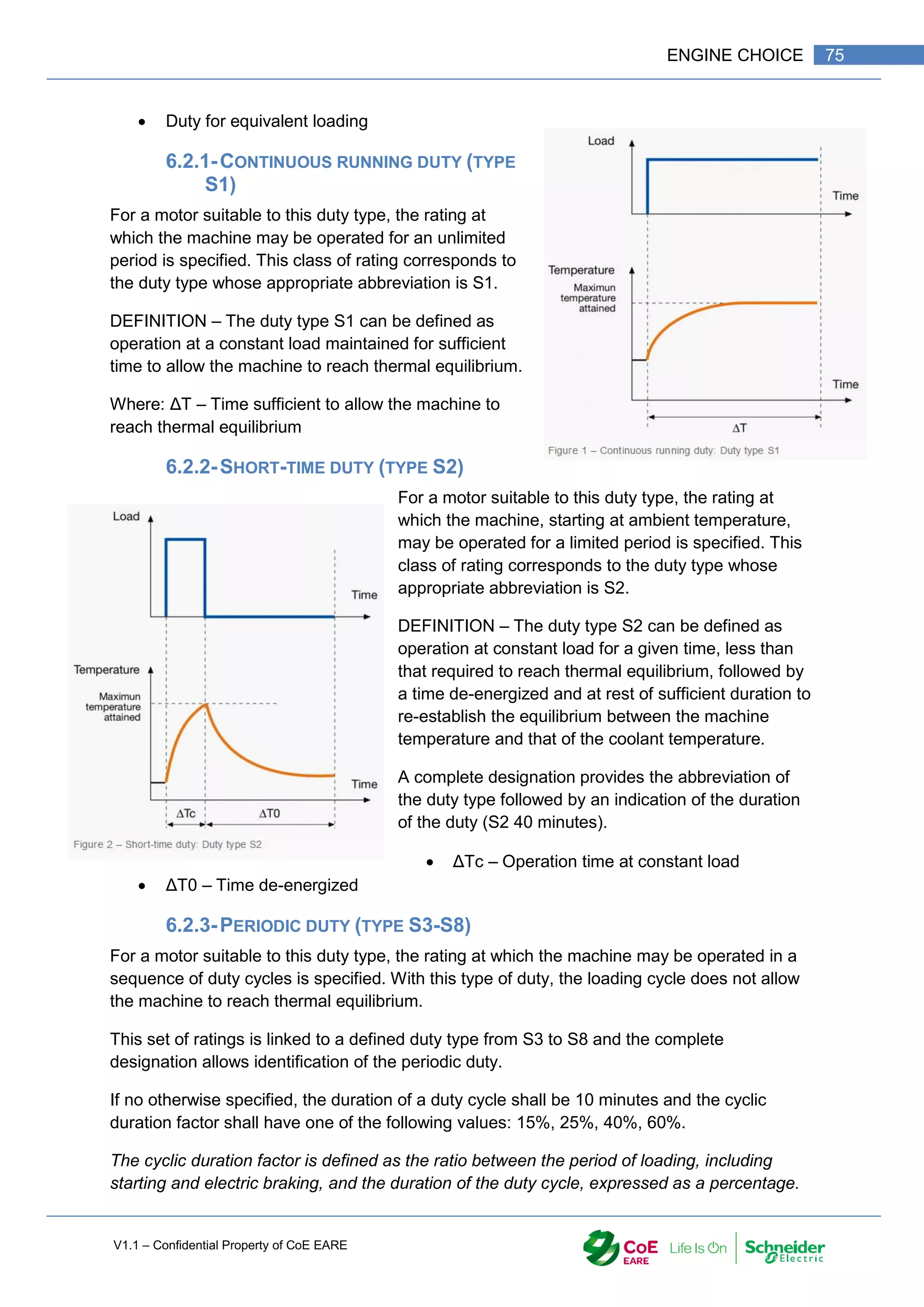 V1.1 – Confidential Property of CoE EARE
75
ENGINE CHOICE
 Duty for equivalent loading
6.2.1-CONTINUOUS RUNNING DUTY (TYPE
S1)
For a motor suitable to this duty type, the rating at
which the machine may be operated for an unlimited
period is specified. This class of rating corresponds to
the duty type whose appropriate abbreviation is S1.
DEFINITION – The duty type S1 can be defined as
operation at a constant load maintained for sufficient
time to allow the machine to reach thermal equilibrium.
Where: ΔT – Time sufficient to allow the machine to
reach thermal equilibrium
6.2.2-SHORT-TIME DUTY (TYPE S2)
For a motor suitable to this duty type, the rating at
which the machine, starting at ambient temperature,
may be operated for a limited period is specified. This
class of rating corresponds to the duty type whose
appropriate abbreviation is S2.
DEFINITION – The duty type S2 can be defined as
operation at constant load for a given time, less than
that required to reach thermal equilibrium, followed by
a time de-energized and at rest of sufficient duration to
re-establish the equilibrium between the machine
temperature and that of the coolant temperature.
A complete designation provides the abbreviation of
the duty type followed by an indication of the duration
of the duty (S2 40 minutes).
 ΔTc – Operation time at constant load
 ΔT0 – Time de-energized
6.2.3-PERIODIC DUTY (TYPE S3-S8)
For a motor suitable to this duty type, the rating at which the machine may be operated in a
sequence of duty cycles is specified. With this type of duty, the loading cycle does not allow
the machine to reach thermal equilibrium.
This set of ratings is linked to a defined duty type from S3 to S8 and the complete
designation allows identification of the periodic duty.
If no otherwise specified, the duration of a duty cycle shall be 10 minutes and the cyclic
duration factor shall have one of the following values: 15%, 25%, 40%, 60%.
The cyclic duration factor is defined as the ratio between the period of loading, including
starting and electric braking, and the duration of the duty cycle, expressed as a percentage.
 