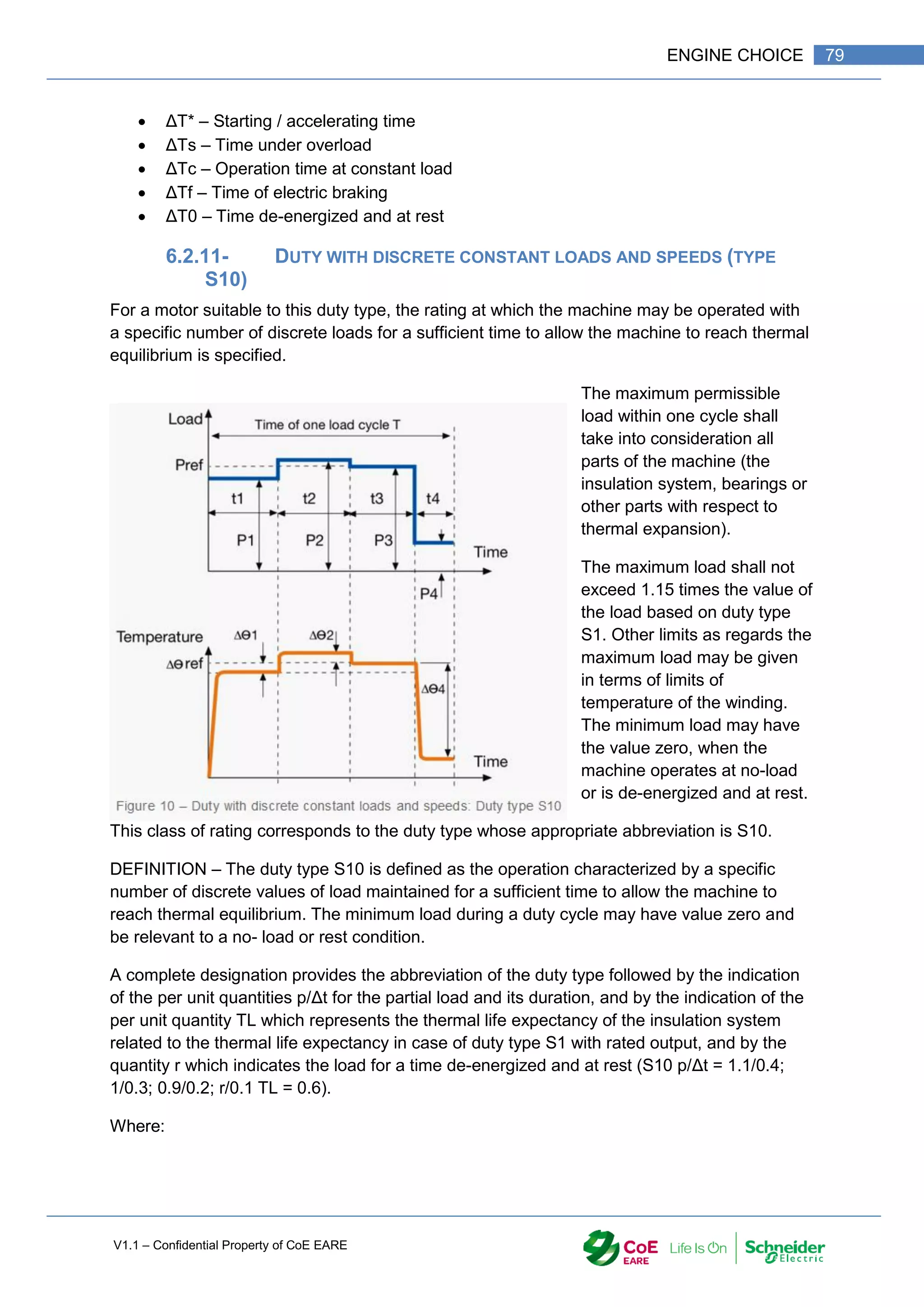 V1.1 – Confidential Property of CoE EARE
79
ENGINE CHOICE
 ΔT* – Starting / accelerating time
 ΔTs – Time under overload
 ΔTc – Operation time at constant load
 ΔTf – Time of electric braking
 ΔT0 – Time de-energized and at rest
6.2.11- DUTY WITH DISCRETE CONSTANT LOADS AND SPEEDS (TYPE
S10)
For a motor suitable to this duty type, the rating at which the machine may be operated with
a specific number of discrete loads for a sufficient time to allow the machine to reach thermal
equilibrium is specified.
The maximum permissible
load within one cycle shall
take into consideration all
parts of the machine (the
insulation system, bearings or
other parts with respect to
thermal expansion).
The maximum load shall not
exceed 1.15 times the value of
the load based on duty type
S1. Other limits as regards the
maximum load may be given
in terms of limits of
temperature of the winding.
The minimum load may have
the value zero, when the
machine operates at no-load
or is de-energized and at rest.
This class of rating corresponds to the duty type whose appropriate abbreviation is S10.
DEFINITION – The duty type S10 is defined as the operation characterized by a specific
number of discrete values of load maintained for a sufficient time to allow the machine to
reach thermal equilibrium. The minimum load during a duty cycle may have value zero and
be relevant to a no- load or rest condition.
A complete designation provides the abbreviation of the duty type followed by the indication
of the per unit quantities p/Δt for the partial load and its duration, and by the indication of the
per unit quantity TL which represents the thermal life expectancy of the insulation system
related to the thermal life expectancy in case of duty type S1 with rated output, and by the
quantity r which indicates the load for a time de-energized and at rest (S10 p/Δt = 1.1/0.4;
1/0.3; 0.9/0.2; r/0.1 TL = 0.6).
Where:
 