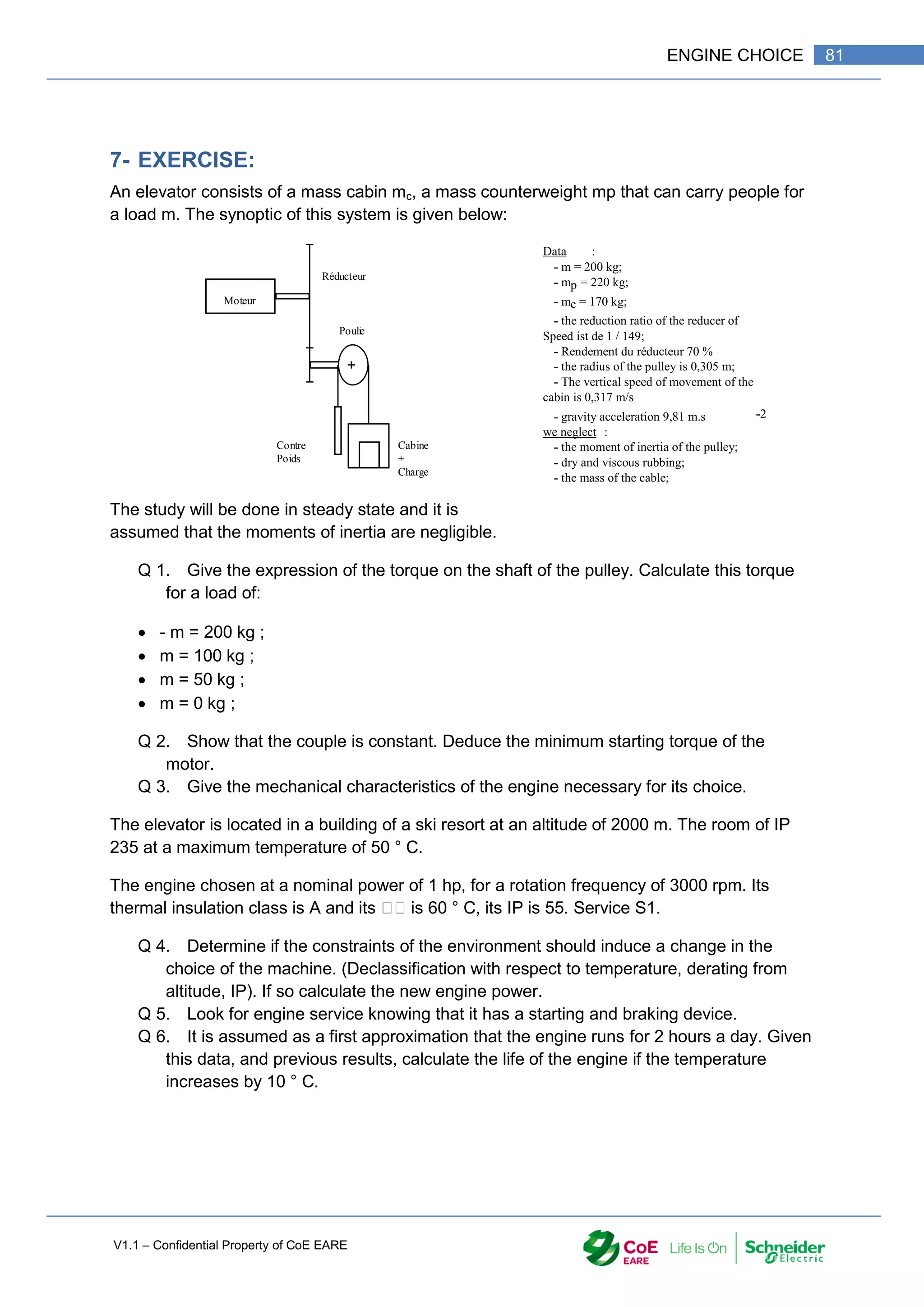 V1.1 – Confidential Property of CoE EARE
81
ENGINE CHOICE
7- EXERCISE:
An elevator consists of a mass cabin mc, a mass counterweight mp that can carry people for
a load m. The synoptic of this system is given below:
Moteur
Réducteur
Poulie
Contre
Poids
Cabine
+
Charge
The study will be done in steady state and it is
assumed that the moments of inertia are negligible.
Q 1. Give the expression of the torque on the shaft of the pulley. Calculate this torque
for a load of:
 - m = 200 kg ;
 m = 100 kg ;
 m = 50 kg ;
 m = 0 kg ;
Q 2. Show that the couple is constant. Deduce the minimum starting torque of the
motor.
Q 3. Give the mechanical characteristics of the engine necessary for its choice.
The elevator is located in a building of a ski resort at an altitude of 2000 m. The room of IP
235 at a maximum temperature of 50 ° C.
The engine chosen at a nominal power of 1 hp, for a rotation frequency of 3000 rpm. Its
thermal insulation class is A and its is 60 ° C, its IP is 55. Service S1.
Q 4. Determine if the constraints of the environment should induce a change in the
choice of the machine. (Declassification with respect to temperature, derating from
altitude, IP). If so calculate the new engine power.
Q 5. Look for engine service knowing that it has a starting and braking device.
Q 6. It is assumed as a first approximation that the engine runs for 2 hours a day. Given
this data, and previous results, calculate the life of the engine if the temperature
increases by 10 ° C.
Data :
- m = 200 kg;
- mp = 220 kg;
- mc = 170 kg;
- the reduction ratio of the reducer of
Speed ist de 1 / 149;
- Rendement du réducteur 70 %
- the radius of the pulley is 0,305 m;
- The vertical speed of movement of the
cabin is 0,317 m/s
- gravity acceleration 9,81 m.s -2
we neglect :
- the moment of inertia of the pulley;
- dry and viscous rubbing;
- the mass of the cable;
 