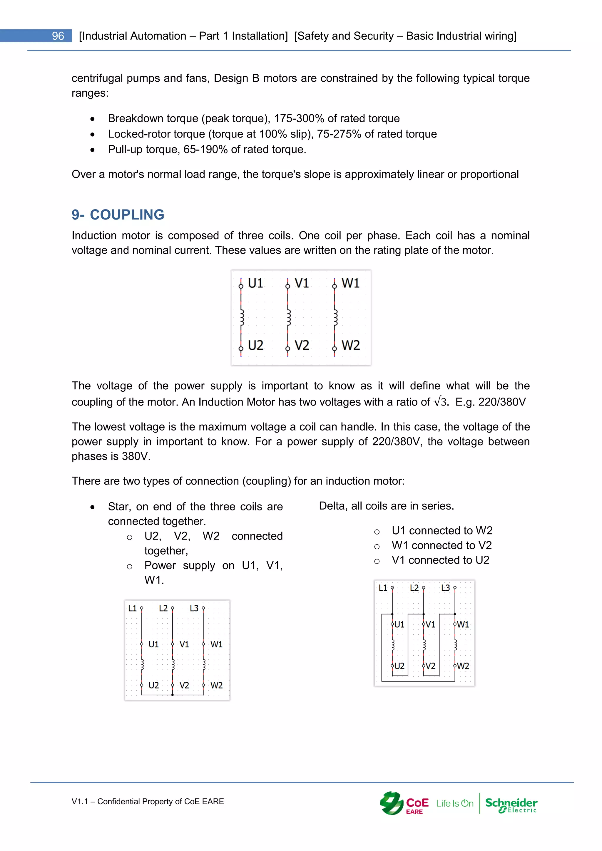 V1.1 – Confidential Property of CoE EARE
96 [Industrial Automation – Part 1 Installation] [Safety and Security – Basic Industrial wiring]
centrifugal pumps and fans, Design B motors are constrained by the following typical torque
ranges:
 Breakdown torque (peak torque), 175-300% of rated torque
 Locked-rotor torque (torque at 100% slip), 75-275% of rated torque
 Pull-up torque, 65-190% of rated torque.
Over a motor's normal load range, the torque's slope is approximately linear or proportional
9- COUPLING
Induction motor is composed of three coils. One coil per phase. Each coil has a nominal
voltage and nominal current. These values are written on the rating plate of the motor.
The voltage of the power supply is important to know as it will define what will be the
coupling of the motor. An Induction Motor has two voltages with a ratio of √3. E.g. 220/380V
The lowest voltage is the maximum voltage a coil can handle. In this case, the voltage of the
power supply in important to know. For a power supply of 220/380V, the voltage between
phases is 380V.
There are two types of connection (coupling) for an induction motor:
 Star, on end of the three coils are
connected together.
o U2, V2, W2 connected
together,
o Power supply on U1, V1,
W1.
Delta, all coils are in series.
o U1 connected to W2
o W1 connected to V2
o V1 connected to U2
 