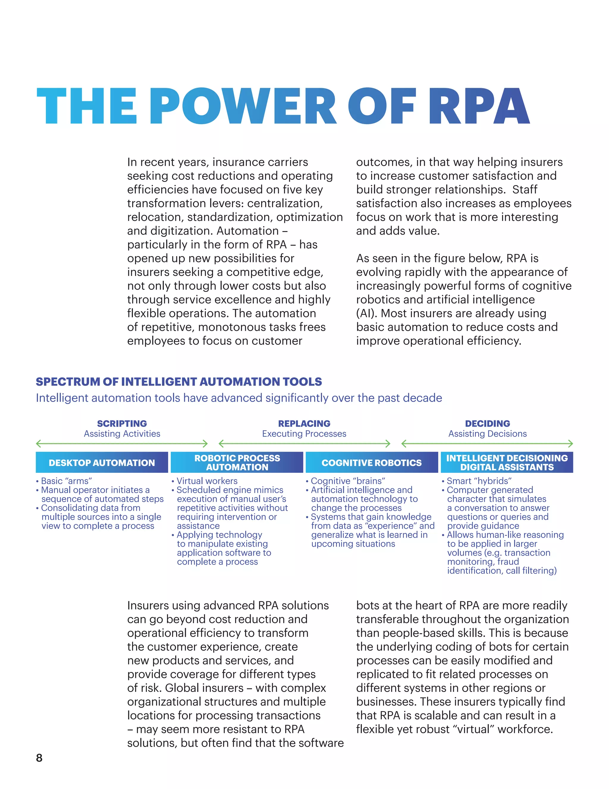 THE POWER OF RPA
In recent years, insurance carriers
seeking cost reductions and operating
efficiencies have focused on five key
transformation levers: centralization,
relocation, standardization, optimization
and digitization. Automation –
particularly in the form of RPA – has
opened up new possibilities for
insurers seeking a competitive edge,
not only through lower costs but also
through service excellence and highly
flexible operations. The automation
of repetitive, monotonous tasks frees
employees to focus on customer
outcomes, in that way helping insurers
to increase customer satisfaction and
build stronger relationships. Staff
satisfaction also increases as employees
focus on work that is more interesting
and adds value.
As seen in the figure below, RPA is
evolving rapidly with the appearance of
increasingly powerful forms of cognitive
robotics and artificial intelligence
(AI). Most insurers are already using
basic automation to reduce costs and
improve operational efficiency.
Insurers using advanced RPA solutions
can go beyond cost reduction and
operational efficiency to transform
the customer experience, create
new products and services, and
provide coverage for different types
of risk. Global insurers – with complex
organizational structures and multiple
locations for processing transactions
– may seem more resistant to RPA
solutions, but often find that the software
bots at the heart of RPA are more readily
transferable throughout the organization
than people-based skills. This is because
the underlying coding of bots for certain
processes can be easily modified and
replicated to fit related processes on
different systems in other regions or
businesses. These insurers typically find
that RPA is scalable and can result in a
flexible yet robust “virtual” workforce.
SCRIPTING
Assisting Activities
• Basic “arms”
• Manual operator initiates a
sequence of automated steps
• Consolidating data from
multiple sources into a single
view to complete a process
• Virtual workers
• Scheduled engine mimics
execution of manual user’s
repetitive activities without
requiring intervention or
assistance
• Applying technology
to manipulate existing
application software to
complete a process
• Cognitive “brains”
• Artificial intelligence and
automation technology to
change the processes
• Systems that gain knowledge
from data as “experience” and
generalize what is learned in
upcoming situations
• Smart “hybrids”
• Computer generated
character that simulates
a conversation to answer
questions or queries and
provide guidance
• Allows human-like reasoning
to be applied in larger
volumes (e.g. transaction
monitoring, fraud
identification, call filtering)
REPLACING
Executing Processes
DECIDING
Assisting Decisions
SPECTRUM OF INTELLIGENT AUTOMATION TOOLS
Intelligent automation tools have advanced significantly over the past decade
DESKTOP AUTOMATION COGNITIVE ROBOTICS
ROBOTIC PROCESS
AUTOMATION
INTELLIGENT DECISIONING
DIGITAL ASSISTANTS
8
 