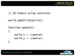 // Zooming 2D Camera

world.addChild(sprite);
container.addChild(world);

container.x = stage.stageWidth / 2;
container.y ...