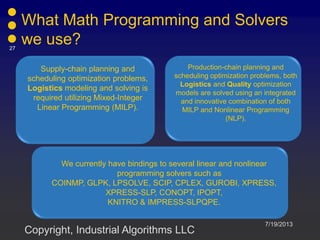 What Math Programming and Solvers
we use?
Supply-chain planning and
scheduling optimization problems,
Logistics modeling and solving is
required utilizing Mixed-Integer
Linear Programming (MILP).
Production-chain planning and
scheduling optimization problems, both
Logistics and Quality optimization
models are solved using an integrated
and innovative combination of both
MILP and Nonlinear Programming
(NLP).
We currently have bindings to several linear and nonlinear
programming solvers such as
COINMP, GLPK, LPSOLVE, SCIP, CPLEX, GUROBI, XPRESS,
XPRESS-SLP, CONOPT, IPOPT,
KNITRO & IMPRESS-SLPQPE.
7/19/2013
27
Copyright, Industrial Algorithms LLC
 