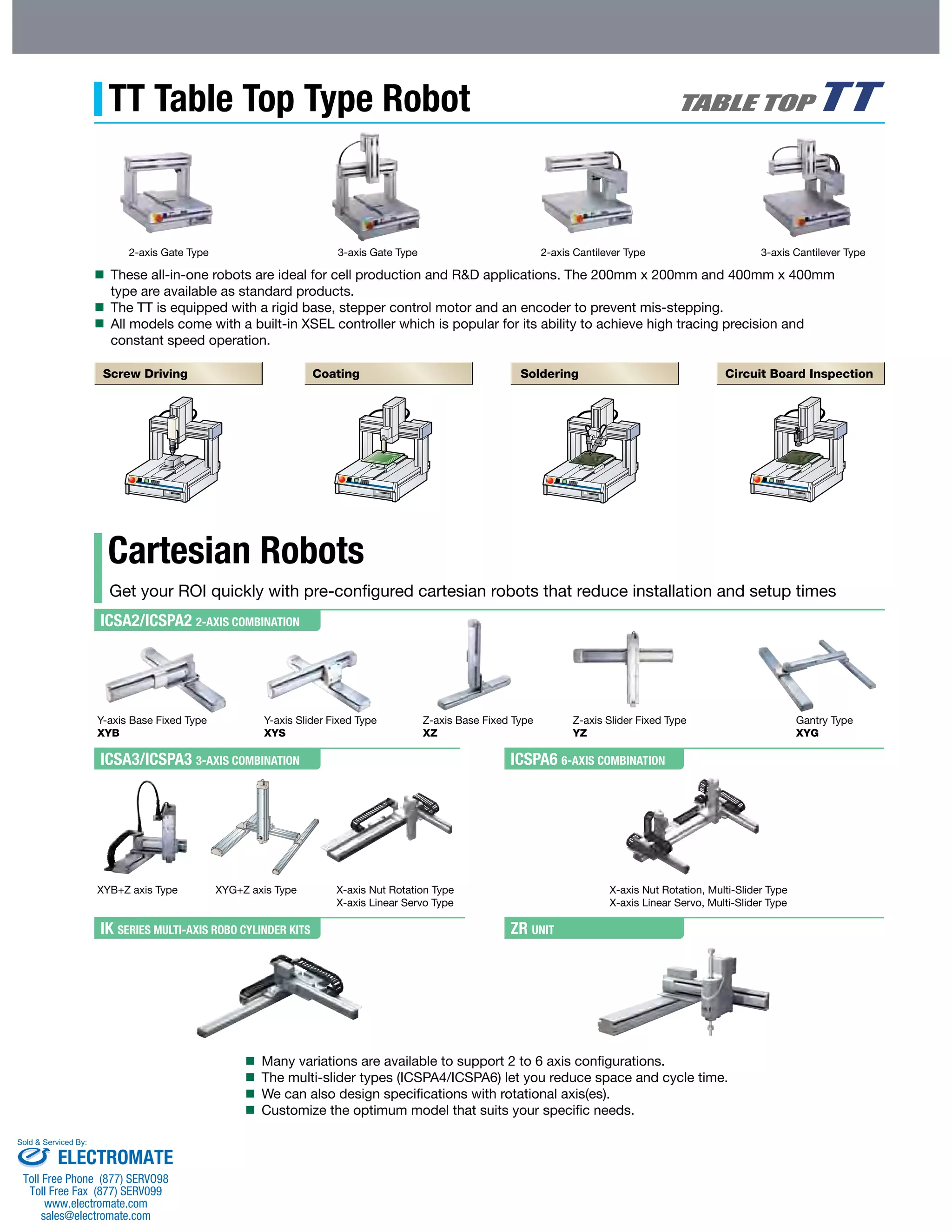 TT Table Top Type Robot 
2-axis Gate Type 
3-axis Cantilever Type 
2-axis Cantilever Type 
 These all-in-one robots are ideal for cell production and R&D applications. The 200mm x 200mm and 400mm x 400mm 
Screw Driving Coating Soldering Circuit Board Inspection 
Cartesian Robots 
Get your ROI quickly with pre-configured cartesian robots that reduce installation and setup times 
ICSA2/ICSPA2 2-AXIS COMBINATION 
ICSA3/ICSPA3 3-AXIS COMBINATION 
IK SERIES MULTI-AXIS ROBO CYLINDER KITS 
ICSPA6 6-AXIS COMBINATION 
ZR UNIT 
Y-axis Base Fixed Type 
XYB 
XYB+Z axis Type 
Gantry Type 
XYG 
X-axis Nut Rotation, Multi-Slider Type 
X-axis Linear Servo, Multi-Slider Type 
Y-axis Slider Fixed Type 
XYS 
XYG+Z axis Type 
3-axis Gate Type 
Z-axis Base Fixed Type 
XZ 
X-axis Nut Rotation Type 
X-axis Linear Servo Type 
Z-axis Slider Fixed Type 
YZ 
type are available as standard products. 
 The TT is equipped with a rigid base, stepper control motor and an encoder to prevent mis-stepping. 
 All models come with a built-in XSEL controller which is popular for its ability to achieve high tracing precision and 
constant speed operation. 
 Many variations are available to support 2 to 6 axis configurations. 
 The multi-slider types (ICSPA4/ICSPA6) let you reduce space and cycle time. 
 We can also design specifications with rotational axis(es). 
 Customize the optimum model that suits your specific needs. 
Sold & Serviced By: 
ELECTROMATE 
Toll Free Phone (877) SERVO98 
Toll Free Fax (877) SERV099 
www.electromate.com 
sales@electromate.com 
 