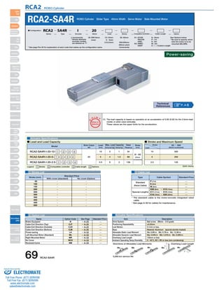 RCA2 ROBO Cylinder 
RCA2-SA4R ROBO Cylinder Slider Type 40mm Width Servo Motor Side-Mounted Motor 
(1) The load capacity is based on operation at an acceleration of 0.3G (0.2G for the 2.5mm-lead 
model, or when used vertically). 
These values are the upper limits for the acceleration. 
20: 20W Servo 
* See page Pre-35 for explanation of each code that makes up the configuration name. 
O I N 
P 
T 
Notes on 
Selection 
Max. Load Capacity Rated 
Model Stroke 
Legend 1 Stroke 2 Compatible controller 3 Cable length 4 Options (Unit: mm/s) 
1 Stroke List 3 Cable List 
–––––––––– 
–––––––––– 
50 
100 
150 
200 
250 
300 
350 
400 
450 
500 
With cover (standard) No cover (Option) 
Stroke (mm) 
Standard Price 
Type Cable Symbol Standard Price 
Standard 
(Robot Cables) 
Special Lengths 
P (1m) 
S (3m) 
M (5m) 
X06 (6m) ～ X10 (10m) 
X11 (11m) ～ X15 (15m) 
X16 (16m) ～ X20 (20m) 
—————— 
4 Option List Actuator Specifications 
Directions of Allowable Load Moments Overhang Load Length 
L 
L 
Ma Mb Mc Ma Mc 
Actuator Specifications 
■ Lead and Load Capacity ■ Stroke and Maximum Speed 
Stroke 
Lead 
50 ～ 500 
(50mm increments) 
500 
250 
125 
10 
5 
2.5 
Motor Output 
(W) 
Lead 
(mm) Horizontal (kg) Vertical (kg) 
Thrust (N) 
(mm) 
RCA2-SA4R-I-20-10- 1 - 2 - 3 - 4 
RCA2-SA4R-I-20-5- 1 - 2 - 3 - 4 
RCA2-SA4R-I-20-2.5- 1 - 2 - 3 - 4 
20 
10 
5 
2.5 
2 
4 
6 
1 
1.5 
3 
34 
68 
136 
50～500 
(50mm 
increments) 
Power-saving 
Technical 
References P. A-5 
* The standard cable is the motor-encoder integrated robot 
cable. 
* See page A-39 for cables for maintenance. 
Item Description 
Ball screw Ø8mm C10 grade 
±0.02mm 
0.1mm or less 
Material: Aluminum (special alumite treated) 
Ma: 6.8N∙m Mb: 9.7N∙m Mc: 13.3N∙m 
Ma: 3.04N∙m Mb: 4.31N∙m Mc: 5.00N∙m 
120mm or less 
0～40°C, 85％ RH or less (non-condensing) 
Drive System 
Positioning Repeatability 
Lost Motion 
Base 
Allowable Static Load Moment 
Allowable Dynamic Load Moment 
Overhang Load Length 
Ambient Operating Temp./Humidity 
Name Option Code See Page Standard Price 
B 
CJT 
CJO 
CJB 
LA 
ML 
MR 
NCO 
NM 
→ A-25 
→ A-25 
→ A-25 
→ A-25 
→ A-32 
→ A-33 
→ A-33 
→ A-33 
→ A-33 
Brake-Equipped 
Cable Exit Direction (Top) 
Cable Exit Direction (Outside) 
Cable Exit Direction (Bottom) 
Power-saving 
Left-Mounted Motor (Standard) 
Right-Mounted Motor 
No Cover 
Reversed-home 
————————— 
motor 
I: Incremental 
* Simple absolute 
encoder models 
are labeled as "I". 
A1: ACON 
RACON 
ASEL 
A3: AMEC 
ASEP 
N : None 
P : 1m 
S : 3m 
M : 5m 
X □□ : Custom Length 
See Options below 
* Be sure to specify which 
side the motor is to be 
mounted (ML/MR). 
50: 50mm 
〜 
500:500mm 
(50mm pitch 
increments) 
10 : 10mm 
5 : 5mm 
2.5 : 2.5mm 
■ Configuration: RCA2 SA4R I 20 
Series Type Encoder Motor Lead Stroke Compatible Controllers Cable Length Option 
5,000 km service life 69 RCA2-SA4R 
Slider 
Type 
Mini 
Standard 
Controllers 
Integrated 
Rod 
Type 
Mini 
Standard 
Controllers 
Integrated 
Table/Arm 
/Flat Type 
Mini 
Standard 
Gripper/ 
Rotary Type 
Linear Servo 
Type 
Cleanroom 
Type 
Splash-Proof 
Controllers 
PMEC 
/AMEC 
PSEP 
/ASEP 
ROBO 
NET 
ERC2 
PCON 
ACON 
SCON 
PSEL 
ASEL 
SSEL 
XSEL 
Pulse Motor 
Servo Motor 
(24V) 
Servo Motor 
(200V) 
Linear 
Servo Motor 
Sold & Serviced By: 
ELECTROMATE 
Toll Free Phone (877) SERVO98 
Toll Free Fax (877) SERV099 
www.electromate.com 
sales@electromate.com 
 