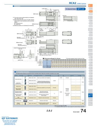 CAD drawings can be 
downloaded from IAI website. www.intelligentactuator.com 
A 
4-M5 depth 10 
15±0.02 
75 
25 
2-ø3H7 depth 5 
31±0.02 
52 
154.7 (without brake) 
25 st 32 51 
3 3 
10 
26.5 
L 
ME SE Home ME (*2) 
117 5 
(122) 
31 
D-M5 depth 8 
F 
10.5 15 C×100 B 15 53 
ø3H7 depth from bottom of base 5 
4 
3H7 depth from 
bottom of bass 5 
RCA2 ROBO Cylinder 
179.2 (with brake) 
With Brake 
Details of F 
(With Cover) 
(*1) The motor-encoder cable provided is an integrated 
(*2) After homing, the slider moves to the ME, therefore, 
please watch for any interference with surrounding 
objects. 
ME : Mechanical end 
SE : Stroke end 
(Without Cover) 
(*3) Reference position for calculating the moment Ma 
40 
8.5 8.5 
5 
49 
cable. (See page A-39) 
62.5 
57 
60 
(3.5) 
58.5 
122 
55 7.5 
Motor-encoder cable 
connector (*1) 
(With Cover) 
(Without Cover) 
47 47 
Ma moment 
offset reference position (*3) 
Ma moment 
offset reference position (*3) 
[Cable Exit Direction] (Optional) 
Secure at 
least 100 
32 25 
(Bottom: CJB) 
32 
(Top: CJT) 
(Out: CJO) 
Dimensions 
For Special Orders P. A-9 
■ Dimensions/Weight by Stroke 
Stroke 50 100 150 200 250 300 350 400 450 500 550 600 650 700 750 800 
2 Compatible Controllers 
The RCA2 series actuators can operate with the controllers below. Select the controller according to your usage. 
* The brake-equipped model is heavier by 0.4kg. 
Name External View Model Description Max. Positioning Points Input Voltage Power Supply Capacity Standard Price See Page 
* This is for the single-axis ASEL. 
* 1 is replaced with the code "LA" when support for power-saving is specified. 
Solenoid Valve Type 
AMEC-C-30I1-NP-2-1 Easy-to-use controller, even for beginners 
3 points 
AC100V 2.4A rated — → P477 
ASEP-C-30I1-NP-2-0 
Operable with same signal as solenoid valve. 
Supports both single and double solenoid types. 
No homing necessary with simple absolute type. 
DC24V 
(Standard) 
1.3A rated 
4.0A max. 
(Power-saving) 
1.3A rated 
2.2A max. 
— 
→ P487 
Splash-Proof 
Solenoid Valve Type ASEP-CW-30I1-NP-2-0 — 
Positioner Type ACON-C-30I1-NP-2-0 
Positioning is possible for up to 512 points 512 points 
— 
→ P535 
Safety-Compliant 
Positioner Type ACON-CG-30I1-NP-2-0 — 
Pulse Train Input Type 
(Differential Line Driver) ACON-PL-30I1-NP-2-0 
Pulse train input type with 
differential line driver support 
(−) 
— 
Pulse Train Input Type 
(Open Collector) ACON-PO-30I1-NP-2-0 
Pulse train input type with open 
collector support — 
Serial 
Communication Type ACON-SE-30I1-N-0-0 Dedicated to serial communication 64 points — 
Field Network Type RACON-301 Dedicated to field network 768 points — → P503 
Program 
Control Type ASEL-C-1-30I1-NP-2-0 
Programmed operation is possible 
Can operate up to 2 axes 
1500 points — → P567 
L 
A 
B 
C 
D 
Weight (kg) 
With Cover 
No Cover 
194.5 244.5 294.5 344.5 394.5 444.5 494.5 544.5 594.5 644.5 694.5 744.5 794.5 844.5 894.5 944.5 
168 218 268 318 368 418 468 518 568 618 668 718 768 818 868 918 
101 51 101 51 101 51 101 51 101 51 101 51 101 51 101 51 
0 1 1 2 2 3 3 4 4 5 5 6 6 7 7 8 
4 6 6 8 8 10 10 12 12 14 14 16 16 18 18 20 
1.9 2.0 2.2 2.4 2.6 2.7 2.9 3.1 3.2 3.4 3.6 3.8 3.9 4.1 4.3 4.5 
1.8 1.9 2.1 2.2 2.4 2.5 2.6 2.8 2.9 3.1 3.2 3.4 3.5 3.7 3.8 3.9 
RCA2-SA6R 74 
Slider 
Type 
Mini 
Standard 
Controllers 
Integrated 
Rod 
Type 
Mini 
Standard 
Controllers 
Integrated 
Table/Arm 
/Flat Type 
Mini 
Standard 
Gripper/ 
Rotary Type 
Linear Servo 
Type 
Cleanroom 
Type 
Splash-Proof 
Controllers 
PMEC 
/AMEC 
PSEP 
/ASEP 
ROBO 
NET 
ERC2 
PCON 
ACON 
SCON 
PSEL 
ASEL 
SSEL 
XSEL 
Pulse Motor 
Servo Motor 
(24V) 
Servo Motor 
(200V) 
Linear 
Servo Motor 
Sold & Serviced By: 
ELECTROMATE 
Toll Free Phone (877) SERVO98 
Toll Free Fax (877) SERV099 
www.electromate.com 
sales@electromate.com 
