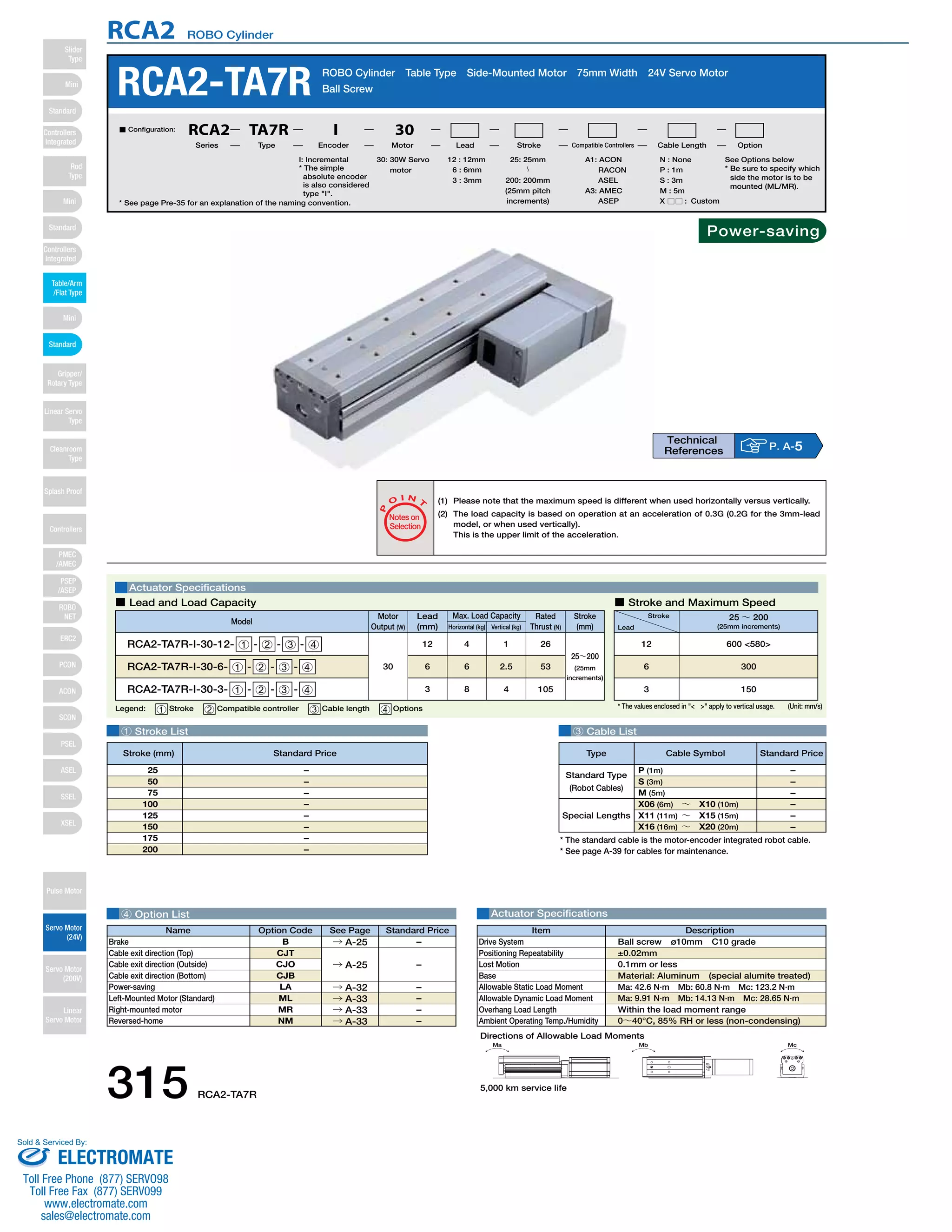 RCA2 ROBO Cylinder 
RCA2-TA7R ROBO Cylinder Table Type Side-Mounted Motor 75mm Width 24V Servo Motor 
Ball Screw 
(1) Please note that the maximum speed is different when used horizontally versus vertically. 
(2) The load capacity is based on operation at an acceleration of 0.3G (0.2G for the 3mm-lead 
model, or when used vertically). 
This is the upper limit of the acceleration. 
O I N 
P 
T 
Notes on 
Selection 
■ Lead and Load Capacity ■ Stroke and Maximum Speed 
Motor 
Output (W) 
Max. Load Capacity Rated 
Lead 
(mm) Horizontal (kg) Vertical (kg) 
Thrust (N) 
Actuator Specifications 
Model 
Stroke 
(mm) 
RCA2-TA7R-I-30-12- 1 - 2 - 3 - 4 
RCA2-TA7R-I-30-6- 1 - 2 - 3 - 4 
RCA2-TA7R-I-30-3- 1 - 2 - 3 - 4 
30 
12 
6 
3 
4 
6 
8 
1 
2.5 
4 
26 
53 
105 
25～200 
(25mm 
increments) 
Lead 
1 Stroke List 3 Cable List 
Stroke 
25 ～ 200 
(25mm increments) 
600 <580> 
300 
150 
12 
6 
3 
Type Cable Symbol Standard Price 
Standard Type 
(Robot Cables) 
Special Lengths 
4 Option List Actuator Specifications 
P (1m) 
S (3m) 
M (5m) 
X06 (6m) ～ X10 (10m) 
X11 (11m) ～ X15 (15m) 
X16 (16m) ～ X20 (20m) 
Directions of Allowable Load Moments 
– 
– 
– 
– 
– 
– 
Ma Mb Mc 
* See page Pre-35 for an explanation of the naming convention. 
30: 30W Servo 
motor 
A1: ACON 
RACON 
ASEL 
A3: AMEC 
ASEP 
N : None 
P : 1m 
S : 3m 
M : 5m 
X □□ : Custom 
25: 25mm 
〜 
200: 200mm 
(25mm pitch 
increments) 
12 : 12mm 
6 : 6mm 
3 : 3mm 
■ Configuration: RCA2 TA7R I 30 
Series Type Encoder Motor Lead Stroke Compatible Controllers Cable Length Option 
Legend: 1Stroke 2Compatible controller 3Cable length 4Options * The values enclosed in "< >" apply to vertical usage. (Unit: mm/s) 
– 
– 
– 
– 
– 
– 
– 
– 
25 
50 
75 
100 
125 
150 
175 
200 
P. A-5 Technical 
References 
I: Incremental 
* The simple 
absolute encoder 
is also considered 
type "I". 
* The standard cable is the motor-encoder integrated robot cable. 
* See page A-39 for cables for maintenance. 
Item Description 
Ball screw ø10mm C10 grade 
±0.02mm 
0.1mm or less 
Material: Aluminum (special alumite treated) 
Ma: 42.6 N∙m Mb: 60.8 N∙m Mc: 123.2 N∙m 
Ma: 9.91 N∙m Mb: 14.13 N∙m Mc: 28.65 N∙m 
Within the load moment range 
0～40°C, 85% RH or less (non-condensing) 
Drive System 
Positioning Repeatability 
Lost Motion 
Base 
Allowable Static Load Moment 
Allowable Dynamic Load Moment 
Overhang Load Length 
Ambient Operating Temp./Humidity 
Stroke (mm) Standard Price 
See Options below 
* Be sure to specify which 
side the motor is to be 
mounted (ML/MR). 
Name Option Code See Page Standard Price 
B 
CJT 
CJO 
CJB 
LA 
ML 
MR 
NM 
→ A-25 
Brake 
Cable exit direction (Top) 
Cable exit direction (Outside) 
Cable exit direction (Bottom) 
Power-saving 
Left-Mounted Motor (Standard) 
Right-mounted motor 
Reversed-home 
– 
– 
– 
– 
– 
– 
→ A-25 
→ A-32 
→ A-33 
→ A-33 
→ A-33 
Power-saving 
5,000 km service life 315 RCA2-TA7R 
Slider 
Type 
Mini 
Standard 
Controllers 
Integrated 
Rod 
Type 
Mini 
Standard 
Controllers 
Integrated 
Table/Arm 
/Flat Type 
Mini 
Standard 
Gripper/ 
Rotary Type 
Linear Servo 
Type 
Cleanroom 
Type 
Splash Proof 
Controllers 
PMEC 
/AMEC 
PSEP 
/ASEP 
ROBO 
NET 
ERC2 
PCON 
ACON 
SCON 
PSEL 
ASEL 
SSEL 
XSEL 
Pulse Motor 
Servo Motor 
(24V) 
Servo Motor 
(200V) 
Linear 
Servo Motor 
Sold & Serviced By: 
ELECTROMATE 
Toll Free Phone (877) SERVO98 
Toll Free Fax (877) SERV099 
www.electromate.com 
sales@electromate.com 
 