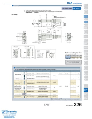 30 
37 
92 
83 
Dimensions 
20 
12 29 8-M4 
ME SE Home ME 
3 3 
4-M5 8 
M35×1.5 
Shaft overhang at SE 
ℓ 17 66.5 
2 Compatible controller 
The RCA series actuators can operate with the controllers below. Select the controller according to your usage. 
RCA ROBO Cylinder 
For Special Orders P. A-9 
Cable joint 
connector *1 
92 
48.6 
■ Dimensions/Weight by Stroke 
* This is for the single-axis ASEL. 
* 1 is a placeholder for the code "LA" if the power-saving option is specified. 
4-C2 
(through-hole) 
37 
(through-hole) 
4-C2 
75 
30 
20.5 20 20.5 
M26x1.5 
M35x1.5 
8 
ø34 
32 46 
ø48.6 
7 
Bracket A Bracket B 
Nut A Nut B 
92 
83 
75 
61 
29 
20 
48.6 
ø35 
ø42 
14 
8 
ø32 
L 
53 (st+12) 5 
ME 
Home 
(st+65) 
12 st 3 
st 35 
20 
ø8 (guide rod OD) 
Bracket B 
Bracket A 
ø16 (rod OD) 
14 (width across flats) 
40 (width 
across flats) 
32 (width 
across flats) 
Nut B 
Nut A 
(effective screw thread range 17.5) 
Secure at 
least 100 
[No Brake] 
*1 A motor-encoder cable is connected here. See page A-39 for details on cables. 
*2 When homing, the rod moves to the ME; therefore, please watch for any interference with the surrounding objects. 
ME: Mechanical end SE: Stroke end 
Stroke 50 100 150 200 
L 
ℓ 
Weight (kg) 
258.5 
140 
1.1 
308.5 
190 
1.2 
358.5 
240 
1.4 
408.5 
290 
1.5 
RCA-RGD3D (without brake) 
Brake-equipped configuration is not 
available with the RCA-RGD3D. 
Name External View Model Description Max. Positioning Points Input Voltage Power Supply Capacity Standard Price See Page 
Solenoid Valve Type 
AMEC–C–20SI1–NP–2–1 Easy–to–use controller, even for beginners 
3 points 
AC100V 2.4A rated – → P477 
ASEP-C-20SI1-NP-2-0 
Operable with same signal as solenoid valve. 
Supports both single and double solenoid types. 
No homing necessary with simple absolute type. 
DC24V 
1.7A rated 
5.1A peak 
– 
→ P487 
Splash-Proof Solenoid 
Valve Type ASEP-CW-20SI1-NP-2-0 – 
Positioner Type ACON-C-20SI1-NP-2-0 
Positioning is possible for up to 512 points 512 points 
– 
→ P535 
Safety-Compliant 
Positioner Type ACON-CG-20SI1-NP-2-0 – 
Pulse Train Input Type 
(Differential Line Driver) ACON-PL-20SI1-NP-2-0 
Pulse train input type with 
differential line driver support 
(−) 
– 
Pulse Train Input Type 
(Open Collector) ACON-PO-20SI1-NP-2-0 
Pulse train input type with 
open collector support 
– 
Serial Communication 
Type ACON-SE-20SI1-N-0-0 Dedicated to serial communication 64 points – 
Field Network Type RACON-20S1 Dedicated to field network 768 points – → P503 
Program Control Type ASEL-C-1-20SI1-NP-2-0 
Programmed operation is possible 
Operation is possible on up to 2 axes 
1500 points – → P567 
RCA-RGD3D 226 
Slider 
Type 
Mini 
Standard 
Controllers 
Integrated 
Rod 
Type 
Mini 
Standard 
Controllers 
Integrated 
Table/Arm 
/Flat Type 
Mini 
Standard 
Gripper/ 
Rotary Type 
Linear Servo 
Type 
Cleanroom 
Type 
Splash Proof 
Controllers 
PMEC 
/AMEC 
PSEP 
/ASEP 
ROBO 
NET 
ERC2 
PCON 
ACON 
SCON 
PSEL 
ASEL 
SSEL 
XSEL 
Pulse Motor 
Servo Motor 
(24V) 
Servo Motor 
(200V) 
Linear 
Servo Motor 
Sold & Serviced By: 
ELECTROMATE 
Toll Free Phone (877) SERVO98 
Toll Free Fax (877) SERV099 
www.electromate.com 
sales@electromate.com 
