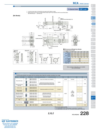 20 
37 
29 
20 
(st+74) 
M40×1.5 
ME 
11 st 3 
ME SE Home ME*2 
M30×1.5 M40×1.5 
3 Compatible Controllers 
The RCA series actuators can operate with the controllers below. Select the controller according to your usage. 
RCA ROBO Cylinder 
For Special Orders P. A-9 
19 
■ Dimensions/Weight by Stroke 
RCA-RGD4D (without brake) 
Stroke 50 100 150 200 250 300 
* This is for the single-axis ASEL. 
* 1 is a placeholder for the encoder type (I: incremental / A: absolute). 
* 2 is a placeholder for the code "LA" if the power-saving option is specified. 
52.8 
110 
100 
88 
73 
20 
29 
30 
8 
110 
100 
37 
15 
88 
26.5 20 26.5 
30 
52.8 
ø37 
110 
L 
r m 
ø50 
Bracket A 
Bracket B 
16 
9 
47 (width 
across flats) 
36 (width across flats) 
19 (width across flats) 
Nut A 
Nut B 
1 
63 (st+11) 
Home 
Shaft overhang at SE 
41 
3 3 
st 
(effective screw thread range 17.5) 
22 
ø10 (guide rod OD) 
ø20 (rod OD) 
ø52.8 
ø40.2 
50 
8 38 
10 
4-M5 
4-C2 
4-C2 
8-M5 
through-hole 
NNuutt AA NNuutt BB 
Bracket A Bracket B 
Secure at 
least 100 
Cable joint 
connector *1 
[No Brake] 
Incremental ø42 
Absolute ø48 
Dimensions 
*1. A motor-encoder cable is connected here. See page A-39 for details on cables. 
*2. When homing, the rod moves to the ME; therefore, please watch for any interference with the surrounding objects. 
ME: Mechanical end SE: Stroke end 
Brake-equipped configuration is not available 
with the RCA-RGD4D. 
ℓ 
Weight (kg) 
L 
20W 
30W 
Increm. 
Absol. 
Increm. 
Absol. 
250.5 
263.5 
265.5 
278.5 
145 
1.6 
350.5 
363.5 
365.5 
378.5 
245 
2.1 
450.5 
463.5 
465.5 
478.5 
345 
2.5 
300.5 
313.5 
315.5 
328.5 
195 
1.8 
400.5 
413.5 
415.5 
428.5 
295 
2.3 
500.5 
513.5 
515.5 
528.5 
395 
2.7 
45.5 
58.5 
60.5 
73.5 
m 
20W 
30W 
Increm. 
Absol. 
Increm. 
Absol. 
Name External View Model Description Max. Positioning Points Input Voltage Power Supply Capacity Standard Price See Page 
Solenoid Valve Type 
AMEC-C-20I2-NP-2-1 
AMEC-C-30I2-NP-2-1 
Easy-to-use controller, even for beginners 
3 points 
AC100V 2.4A rated – → P477 
ASEP-C-20I2-NP-2-0 
ASEP-C-30I2-NP-2-0 Operable with same signal as solenoid valve. 
Supports both single and double solenoid types. 
No homing necessary with simple absolute type. 
DC24V 
20W 
1.3A rated 
4.4A peak 
30W 
1.3A rated 
4.4A peak 
– 
→ P487 
Splash-Proof Solenoid 
Valve Type 
ASEP-CW-20I2-NP-2-0 
ASEP-CW-30I2-NP-2-0 
– 
Positioner Type ACON-C-20I2-NP-2-0 
ACON-C-30I2-NP-2-0 
Positioning is possible for up to 512 points 512 points 
– 
→ P535 
Safety-Compliant 
Positioner Type 
ACON-CG-20I2-NP-2-0 
ACON-CG-30I2-NP-2-0 
– 
Pulse Train Input Type 
(Differential Line Driver) 
ACON-PL-20I2-NP-2-0 
ACON-PL-30I2-NP-2-0 
Pulse train input type with 
differential line driver support 
(−) 
– 
Pulse Train Input Type 
(Open Collector) 
ACON-PO-20I2-NP-2-0 
ACON-PO-30I2-NP-2-0 
Pulse train input type with 
open collector support 
– 
Serial Communication 
Type 
ACON-SE-20I2-N-0-0 
ACON-SE-30I2-N-0-0 
Dedicated to serial communication 64 points – 
Field Network Type RACON-202 
RACON-302 
Dedicated to field network 768 points – → P503 
Program Control Type ASEL-C-1-2012-NP-2-0 
ASEL-C-1-3012-NP-2-0 
Programmed operation is possible 
Operation is possible on up to 2 axes 
1500 points – → P567 
RCA-RGD4D 228 
Slider 
Type 
Mini 
Standard 
Controllers 
Integrated 
Rod 
Type 
Mini 
Standard 
Controllers 
Integrated 
Table/Arm 
/Flat Type 
Mini 
Standard 
Gripper/ 
Rotary Type 
Linear Servo 
Type 
Cleanroom 
Type 
Splash Proof 
Controllers 
PMEC 
/AMEC 
PSEP 
/ASEP 
ROBO 
NET 
ERC2 
PCON 
ACON 
SCON 
PSEL 
ASEL 
SSEL 
XSEL 
Pulse Motor 
Servo Motor 
(24V) 
Servo Motor 
(200V) 
Linear 
Servo Motor 
Sold & Serviced By: 
ELECTROMATE 
Toll Free Phone (877) SERVO98 
Toll Free Fax (877) SERV099 
www.electromate.com 
sales@electromate.com 
