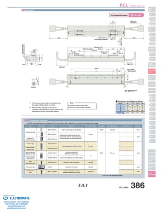 RCL ROBO Cylinder 
(300) (300) 
ME : Mechanical end 
16 
19 
13 
(25.3) 
30 
(36) 
Ma moment offset 
reference position 
(0.6) 48 (0.6) 
30 40 
(1) 
M.E. *2 Home 
30 (Min. slider spacing) 
25 
7 
16 
Stroke+2 40 30 
Stroke+2 (1) 
30 (Min. slider 
spacing) 
L (Stroke+172) 
Home M.E. *2 
2-ø2H7 depth 2.5 
4-M2 depth 4 (through) 22±0.02 
16 
(reamer hole 
tolerance ±0.02) 
A×36P 
C 
36 
18 
14 
1 1 
ø3H7 depth 4 
B-M3 depth 5 
32 16 
4 
+0.010 
0 
3H7 
Details D 
D 
Secure at 
least 100 
Secure at 
least 100 
16 
Cable joint 
connector*1 
SE : Stroke end 
Dimensions 
*1 The motor-encoder cable is connected here. 
See page A-39 for details on cables. 
*2 When homing, the slider moves to the 
mechanical end; therefore, please watch for any 
interference with the surrounding objects. 
■ Dimensions and Weight by Stroke 
Stroke 
L 
A 
B 
C 
Weight (kg) 
36 72 108 144 
208 
5 
6 
144 
0.62 
244 
6 
7 
180 
0.69 
280 
7 
8 
216 
0.75 
316 
8 
9 
252 
0.82 
For Special Orders P. A-9 
A controller is required for each slider. 
(or, one unit of 2-axis controller is required.) 
2 Compatible controller 
The RCL series actuators can operate with the controllers below. Select the controller according to your usage. 
Name External View Model Description Max. Positioning Points Input Voltage Power Supply Capacity Standard Price See Page 
* This is for the single-axis ASEL. 
Solenoid Valve Type 
AMEC-C-5I-NP-2-1 Easy–to–use controller, even for beginners 
3 points 
AC100V 2.4A rated – → P477 
ASEP-C-5I-NP-2-0 
Operable with same signal as solenoid valve. 
Supports both single and double solenoid types. 
No homing necessary with simple absolute type. 
DC24V 6.4A max. 
– 
→ P487 
Splash–Proof 
Solenoid Valve Type 
ASEP-CW-5I-NP-2-0 – 
Positioner Type ACON-C-5I-NP-2-0 
Positioning is possible for up to 512 points 512 points 
– 
→ P535 
Safety–Compliant 
Positioner Type 
ACON-CG-5I-NP-2-0 – 
Pulse Train Input Type 
(Differential Line Driver) 
ACON-PL-5I-NP-2-0 
Pulse train input type with 
differential line driver support 
(−) 
– 
Pulse Train Input Type 
(Open Collector) 
ACON-PO-5I-NP-2-0 Pulse train input type with open collector support – 
Serial 
Communication Type 
ACON-SE-5I-N-0-0 Dedicated to serial communication 64 points – 
Field Network Type RACON-5 Dedicated to field network 768 points – → P503 
Program Control 
Type 
ASEL-C-1-5I-NP-2-0 
Programmed operation is possible 
Operation is possible on up to 2 axes 
1500 points – → P567 
Note: 
RCL-SM5L 386 
Slider 
Type 
Mini 
Standard 
Controllers 
Integrated 
Rod 
Type 
Mini 
Standard 
Controllers 
Integrated 
Table/Arm 
/Flat Type 
Mini 
Standard 
Gripper/ 
Rotary Type 
Linear Servo 
Type 
Cleanroom 
Proof 
Splash Proof 
Controllers 
PMEC 
/AMEC 
PSEP 
/ASEP 
ROBO 
NET 
ERC2 
PCON 
ACON 
SCON 
PSEL 
ASEL 
SSEL 
XSEL 
Pulse Motor 
Servo Motor 
(24V) 
Servo Motor 
(200V) 
Linear 
Servo Motor 
Sold & Serviced By: 
ELECTROMATE 
Toll Free Phone (877) SERVO98 
Toll Free Fax (877) SERV099 
www.electromate.com 
sales@electromate.com 
