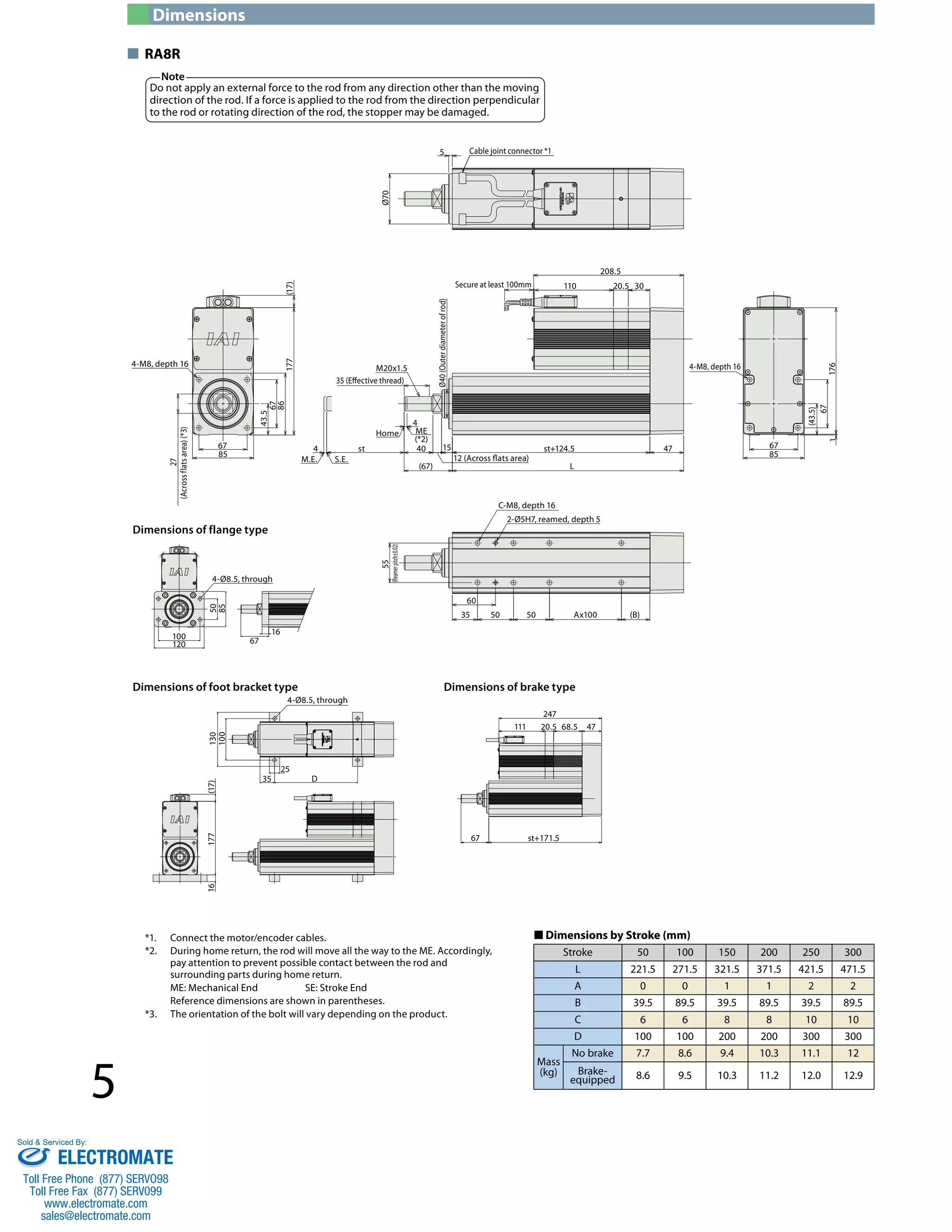 5 
1 
Cable joint connector *1 
177 (17) 
■ RA8R 
4-M8, depth 16 4-M8, depth 16 
(Across flats area) (*3) 
27 
M20x1.5 
35 (Eective thread) 
Home 
M.E. 
ME 
(*2) 
S.E. 
(67) L 
67 
60 
C-M8, depth 16 
35 50 
50 Ax100 (B) 
67 
67 
16 
4 
4 st 40 st+124.5 47 67 
85 
208.5 
Secure at least 100mm 110 
20.5 30 
5 
15 
85 12 (Across ˆats area) 
100 
120 
25 
247 
111 20.5 68.5 47 
35 D 
176 
67 
(43.5) 
86 
16 177 (17) 130 50 
85 
100 
67 
(Reamer pitch±0.02) 
55 
43.5 
Ø40 (Outer diameter of rod) 
4-Ø8.5, through 
2-Ø5H7, reamed, depth 5 
4-Ø8.5, through 
Ø70 
Dimensions of flange type 
Dimensions of foot bracket type Dimensions of brake type 
st+171.5 
Dimensions 
*1. Connect the motor/encoder cables. 
*2. During home return, the rod will move all the way to the ME. Accordingly, 
pay attention to prevent possible contact between the rod and 
surrounding parts during home return. 
ME: Mechanical End SE: Stroke End 
Reference dimensions are shown in parentheses. 
*3. The orientation of the bolt will vary depending on the product. 
■ Dimensions by Stroke (mm) 
Stroke 50 100 150 200 250 300 
L 221.5 271.5 321.5 371.5 421.5 471.5 
A 0 0 1 1 2 2 
B 39.5 89.5 39.5 89.5 39.5 89.5 
C 6 6 8 8 10 10 
D 100 100 200 200 300 300 
Mass 
(kg) 
No brake 7.7 8.6 9.4 10.3 11.1 12 
Brake-equipped 
8.6 9.5 10.3 11.2 12.0 12.9 
Note 
Do not apply an external force to the rod from any direction other than the moving 
direction of the rod. If a force is applied to the rod from the direction perpendicular 
to the rod or rotating direction of the rod, the stopper may be damaged. 
Sold  Serviced By: 
ELECTROMATE 
Toll Free Phone (877) SERVO98 
Toll Free Fax (877) SERV099 
www.electromate.com 
sales@electromate.com 
 