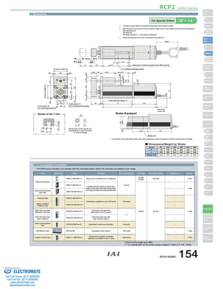 Brake unit 
st+14.5 16 
44 10 112 
0.5 63.5 
64 
RCP2 ROBO Cylinder 
72.5 112 
Brake-Equipped 
st+72 
14. 5 (Shaft overhang at SE) 
ME SE Home ME *2 
4 (Amount of shaft movement from ME to home) 
0.5 
6-M6 depth 15 
(for mounting work piece) 
Actuator width: 64 
0.5 63 
Actuator height: 64 
0.5 110 
6.5 95 
5 40 40 
30 
40 
T-slot pitch: 25 
(for mounting actuator) 
75 
(4.8) 4 
st 54 
st 
ø12 
ø36 
6 
25 19 67.5 
7 25 55 15 8.5 
Secure at 
least 100 
L 
Details of the T-slot 
6.5 
10.5 
2.6 8 
68 
(240) 
Cable joint 
connector *1 
T-slot effective range *3 
Dimensions of the square nut 
(supplied) for T-slot mounting 
(4 nuts provided) 
* Compared to the standard model, the brake-equipped model is longer by 72.5mm and heavier by 0.9kg. 
2 Compatible Controllers 
The RCP2 series actuators can operate with the controllers below. Select the controller according to your usage. 
For Special Orders P. A-9 
Dimensions 
*1. The motor-encoder cable is connected here. See page A-39 for details on cables. 
*2 When homing, the rod moves to the M.E.; therefore, please watch for any interference with the surrounding objects. 
ME: Mechanical end 
SE: Stroke end 
The values enclosed in "( )" are reference dimensions. 
*3. Please note that there is no T-slot on the bottom of the brake unit. 
Stroke 50 100 150 200 250 300 
R 
L 
Weight (kg) 
138 
250 
3.6 
188 
300 
4.4 
238 
350 
5.0 
288 
400 
5.5 
338 
450 
6.1 
388 
500 
6.6 
■ Dimensions/Weight by Stroke 
Name External View Model Description Max. Positioning Points Input Voltage Power Supply Capacity Standard Price See Page 
Solenoid Valve Type 
PMEC-C-56PI-NP-2-1 Easy-to-use controller, even for beginners 
3 points 
AC100V 
AC200V 
See P481 – → P477 
PSEP-C-56PI-NP-2-0 
Operable with same signal as solenoid valve. 
Supports both single and double solenoid types. 
No homing necessary with simple absolute type. 
DC24V 2A max. 
– 
→ P487 
Splash-Proof Solenoid 
Valve Type 
PSEP-CW-56PI-NP-2-0 – 
Positioner Type PCON-C-56PI-NP-2-0 
Positioning is possible for up to 512 points 512 points 
– 
→ P525 
Safety-Compliant 
Positioner Type 
PCON-CG-56PI-NP-2-0 – 
Pulse Train Input Type 
(Differential Line Driver) 
PCON-PL-56PI-NP-2-0 
Pulse train input type with 
differential line driver support 
(−) 
– 
Pulse Train Input Type 
(Open Collector) 
PCON-PO-56PI-NP-2-0 
Pulse train input type with 
open collector support 
– 
Serial Communication 
Type 
PCON-SE-56PI-N-0-0 Dedicated to serial communication 64 points – 
Field Network Type RPCON-56P Dedicated to field network 768 points – → P503 
Program Control Type PSEL-C-1-56PI-NP-2-0 
Programmed operation is possible 
Operation is possible on up to 2 axes 
1500 points – → P557 
* This is for the single-axis PSEL. 
* 1 is a placeholder for the power supply voltage (1: 100V, or 2: 100～240V). 
RCP2-RGS6C 154 
Slider 
Type 
Mini 
Standard 
Controllers 
Integrated 
Rod 
Type 
Mini 
Standard 
Controllers 
Integrated 
Table/Arm 
/Flat Type 
Mini 
Standard 
Gripper/ 
Rotary Type 
Linear Servo 
Type 
Cleanroom 
Type 
Splash Proof 
Controllers 
PMEC 
/AMEC 
PSEP 
/ASEP 
ROBO 
NET 
ERC2 
PCON 
ACON 
SCON 
PSEL 
ASEL 
SSEL 
XSEL 
Pulse Motor 
Servo Motor 
(24V) 
Servo Motor 
(200V) 
Linear 
Servo Motor 
Sold & Serviced By: 
ELECTROMATE 
Toll Free Phone (877) SERVO98 
Toll Free Fax (877) SERV099 
www.electromate.com 
sales@electromate.com 
