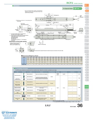 Dimensions 
CAD drawings can be 
downloaded from IAI website. www.intelligentactuator.com 
* For the reversed-home model, the dimensions 
(distance to home) on the motor-side and that on the 
opposite side are flipped. 
48 
Ma moment 
offset reference point*3 
7.5 7.5 
RCP2 ROBO Cylinder 
(A) 138 
N×100 P F 
N×100 P 
50 (reamer and oblong hole pitch) 
4-ø5H7 
depth from 
bottom of base 6 
D-M8 depth 10 
15 15 
100 (reamer hole pitch) B (reamer hole pitch) 100 (reamer hole pitch) 
45 
Oblong hole depth from bottom of base 6 
Cable 
joint 
connector*1 
Details of A A 74 
50 
0.5 
70 
59 
34 
80 
43 
170 
90 
75 
15 15 
56 
45 
34 
35 20 35 
(L) 
5 
30 14 116 
Home M.E. *2 
68 
14 
17 
30 
5 
(170) 
2-ø8H7 depth 10 
S (Stroke) 
M.E. S.E. 
4-M8 depth 10 
Dimensions of the brake section 
(240) 
Secure at 
least100 
73 
77 
70 
55 
34 
80 
1 5 
74 
Reference 80 
surface 
45 ±0.02 
+0.012 5 0 
6 
Details for Oblong Hole 
(Reamer hole 
tolerance ±0.02) 
■ Dimensions/Weight by Stroke 
2 Compatible Controllers 
The RCP2 series actuators can operate with the controllers below. Select the controller according to your usage. 
For Special Orders A-9 
*3. Reference posi t ion for calculat ing the 
moment Ma. 
*1: The motor-encoder cable is connected here. 
See page A-39 for details on cables. 
*2: When homing, the slider moves to the ME; therefore, 
please watch for any interference with the 
surrounding objects. 
ME: Mechanical end 
SE: Stroke end 
The dimensions enclosed in "( )" are reference 
dimensions. 
* Adding a brake will increase the 
actuator's overall length by 
26mm, and its weight by 0.5kg. 
* The brake cable is passed through the actuator body and connected to the motor cable. 
Stroke 100 200 300 400 500 600 700 800 900 1000 
L 
A 
B 
D 
F 
N 
Weight (kg) 
50 
435 
280 
50 
8 
50 
1 
6.6 
485 
330 
100 
8 
100 
1 
7.1 
535 
380 
150 
8 
150 
1 
7.6 
585 
430 
200 
10 
0 
2 
8.1 
635 
480 
250 
12 
50 
2 
8.6 
685 
530 
300 
12 
100 
2 
9.2 
735 
580 
350 
12 
150 
2 
9.7 
785 
630 
400 
14 
0 
3 
10.2 
835 
680 
450 
16 
50 
3 
10.7 
885 
730 
500 
16 
100 
3 
11.3 
935 
780 
550 
16 
150 
3 
11.7 
985 
830 
600 
18 
0 
4 
12.3 
1035 
880 
650 
20 
50 
4 
12.8 
1085 
930 
700 
20 
100 
4 
13.4 
1135 
980 
750 
20 
150 
4 
13.9 
1185 
1030 
800 
22 
0 
5 
14.5 
1235 
1080 
850 
24 
50 
5 
15.0 
1285 
1130 
900 
24 
100 
5 
15.5 
1335 
1180 
950 
24 
150 
5 
16.1 
1385 
1230 
1000 
26 
0 
6 
16.6 
150 250 350 450 550 650 750 850 950 
Name External View Model Description Max. Positioning Points Input Voltage Power Supply Capacity Standard Price See Page 
Solenoid Valve Type 
PMEC-C-56PI-NP-2-1 Easy-to-use controller, even for beginners 
3 points 
AC100V 
AC200V 
See P481 — → P477 
PSEP-C-56PI-NP-2-0 
Operable with same signal as solenoid valve. 
Supports both single and double solenoid types. 
No homing necessary with simple absolute type. 
DC24V 2A max. 
— 
→ P487 
Splash-Proof 
Solenoid Valve Type 
PSEP-CW-56PI-NP-2-0 — 
Positioner Type PCON-C-56PI-NP-2-0 
Positioning is possible for up to 512 points 512 points 
— 
→ P525 
Safety-Compliant 
Positioner Type 
PCON-CG-56PI-NP-2-0 — 
Pulse Train Input Type 
(Differential Line Driver) 
PCON-PL-56PI-NP-2-0 
Pulse train input type with differential line 
driver support 
(−) 
— 
Pulse Train Input Type 
(Open Collector) 
PCON-PO-56PI-NP-2-0 
Pulse train input type with open 
collector support 
— 
Serial 
Communication Type 
PCON-SE-56PI-N-0-0 Dedicated to serial communication 64 points — 
Field Network Type RPCON-56P Dedicated to field network 768 points — → P503 
Program Control 
Type 
PSEL-C-1-56PI-NP-2-0 
Programmed operation is possible 
Can operate up to 2 axes 
1500 points — → P557 
* This is for the single-axis PSEL. 
* 1 is a placeholder for the power supply voltage (1: 100V / 2: 100～240V). 
RCP2-SS8C 36 
Slider 
Type 
Mini 
Standard 
Controllers 
Integrated 
Rod 
Type 
Mini 
Standard 
Controllers 
Integrated 
Table/Arm 
/Flat Type 
Mini 
Standard 
Gripper/ 
Rotary Type 
Linear Servo 
Type 
Cleanroom 
Type 
Splash-Proof 
Controllers 
PMEC 
/AMEC 
PSEP 
/ASEP 
ROBO 
NET 
ERC2 
PCON 
ACON 
SCON 
PSEL 
ASEL 
SSEL 
XSEL 
Pulse Motor 
Servo Motor 
(24V) 
Servo Motor 
(200V) 
Linear 
Servo Motor 
Sold & Serviced By: 
ELECTROMATE 
Toll Free Phone (877) SERVO98 
Toll Free Fax (877) SERV099 
www.electromate.com 
sales@electromate.com 
