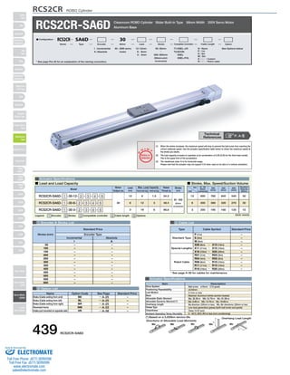 RCS2CR ROBO Cylinder 
RCS2CR-SA6D Cleanroom ROBO Cylinder Slider Built-In Type 58mm Width 200V Servo Motor 
O I N 
50: 50mm See Options below 
■ Lead and Load Capacity ■ Stroke, Max. Speed/Suction Volume 
Model Stroke 
Type Cable Symbol Standard Price 
Standard Type 
Special Lengths 
Robot Cable 
P (1m) 
S (3m) 
M (5m) 
X06 (6m) ～ X10 (10m) 
X11 (11m) ～ X15 (15m) 
X16 (16m) ～ X20 (20m) 
R01 (1m) ～ R03 (3m) 
R04 (4m) ～ R05 (5m) 
R06 (6m) ～ R10 (10m) 
R11 (11m) ～ R15 (15m) 
R16 (16m) ～ R20 (20m) 
Max. Load Capacity Rated 
Item Description 
Ball screw ø10mm C10 grade 
±0.02mm 
0.1mm or less 
Material: Aluminum (white alumite treated) 
Ma: 38.3N∙m Mb: 54.7N∙m Mc: 81.0N∙m 
Ma: 8.9N∙m Mb: 12.7N∙m Mc: 18.6N∙m 
Ma direction: 220mm or less; Mb, Mc directions: 220mm or less 
Low dust generation grease (both ball screw and guide) 
Class 10 (0.1μm) 
0～40°C, 85% RH or less (non-condensing) 
Lead 
(mm) Horizontal (kg) Vertical (kg) 
Drive System 
Positioning Repeatability 
Lost Motion 
Base 
Allowable Static Moment 
Allowable Dynamic Moment (*) 
Overhang Length 
Grease Type 
Cleanliness 
Ambient Operating Temp./Humidity 
L 
Overhang Load Length 
L 
Directions of Allowable Load Moments 
Ma Mb Mc Ma Mc 
– 
– 
– 
– 
– 
– 
– 
– 
– 
– 
– 
* See page A-39 for cables for maintenance. 
SA4D : Aluminum 
base 
SS4D : Steel base 
Actuator Specifications 
Motor 
Output (W) 
1 Encoder & Stroke List 4 Cable List 
5 Option List 
Actuator Specifications 
Aluminum Base 
Legend: 1 Encoder 2 Stroke 3 Compatible controller 4 Cable length 5 Options 
Thrust (N) 
(mm) 
P 
T 
Notes on 
Selection 
(1) When the stroke increases, the maximum speed will drop to prevent the ball screw from reaching the 
critical rotational speed. Use the actuator specification table below to check the maximum speed at 
the stroke you desire. 
(2) The load capacity is based on operation at an acceleration of 0.3G (0.2G for the 3mm-lead model). 
This is the upper limit of the acceleration. 
(3) The cleanliness class 10 is for horizontal usage. 
Please note that the actuator may not support C10 when used on its side or in vertical orientation. 
30 : 30W servo 
motor 
I : Incremental 
A : Absolute 
T1:XSEL-J/K 
T2:SCON 
SSEL 
XSEL-P/Q 
N : None 
P : 1m 
S : 3m 
M : 5m 
X □□ : Custom 
R □□ : Robot cable 
〜 
600: 600mm 
(50mm pitch 
increments) 
12 : 12mm 
6 : 6mm 
3 : 3mm 
■ Configuration: RCS2CR SA6D 30 
Series Type Encoder Motor Lead Stroke Compatible Controllers Cable Length Option 
RCS2CR-SA6D- 1 -30-12- 2 - 3 - 4 - 5 
RCS2CR-SA6D- 1 -30-6- 2 - 3 - 4 - 5 
RCS2CR-SA6D- 1 -30-3- 2 - 3 - 4 - 5 
30 
12 
6 
3 
6 
12 
18 
1.5 
3 
6 
24.2 
48.4 
96.8 
50～600 
(50mm 
increments) 
(Unit: mm/s) 
Incremental Absolute 
– 
– 
– 
– 
– 
– 
– 
– 
– 
– 
– 
– 
– 
– 
– 
– 
– 
– 
– 
– 
– 
– 
– 
– 
I 
50 
100 
150 
200 
250 
300 
350 
400 
450 
500 
550 
600 
A 
Standard Price 
Stroke (mm) Encoder Type 
Name Option Code See Page Standard Price 
BE 
BL 
BR 
NM 
VR 
→ A-25 
→ A-25 
→ A-25 
→ A-33 
→ A-38 
Brake (Cable exiting from end) 
Brake (Cable exiting from left) 
Brake (Cable exiting from right) 
Reversed-home 
Intake port mounted on opposite side 
– 
– 
– 
– 
– 
Stroke 
Lead 
50～450 
(50mm 
increments) 
500 
(mm) 
550 
(mm) 
600 
(mm) 
Suction 
Volume 
(Nl/min) 
800 760 640 540 50 
400 
200 
380 
190 
320 
160 
270 30 
135 15 
12 
6 
3 
* See page Pre-35 for an explanation of the naming convention. 
P. A-5 Technical 
References 
(*) Based on a 5,000km service life. 
439 RCS2CR-SA6D 
Slider 
Type 
Mini 
Standard 
Controllers 
Integrated 
Rod 
Type 
Mini 
Standard 
Controllers 
Integrated 
Table/Arm 
/Flat Type 
Mini 
Standard 
Gripper/ 
Rotary Type 
Linear Servo 
Type 
Cleanroom 
Type 
Splash-Proof 
Controllers 
PMEC 
/AMEC 
PSEP 
/ASEP 
ROBO 
NET 
ERC2 
PCON 
ACON 
SCON 
PSEL 
ASEL 
SSEL 
XSEL 
Pulse Motor 
Servo Motor 
(24V) 
Servo Motor 
(200V) 
Linear 
Servo Motor 
Sold & Serviced By: 
ELECTROMATE 
Toll Free Phone (877) SERVO98 
Toll Free Fax (877) SERV099 
www.electromate.com 
sales@electromate.com 
 