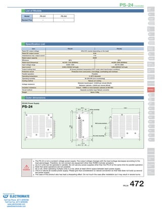 PS-24 Controller 
PS-24 472 
List of Models 
Specification List 
Item 
Rated DC output voltage 
Rated DC output current 
Instantaneous max. output current 
Rated output capacity 
Efficiency 
Rated input (frequency) 
Input voltage range 
Input current 
Output holding time 
Protection circuit 
Parallel operation 
Operating temperature 
Operating humidity 
Cooling method 
Voltage resistance 
Insulation resistance 
Circuit method 
Weight 
Outer dimensions 
PS-241 PS-242 
24V±10% (varied depending on the load) 
8.5A 
17A 
204W 
80% 80% 
AC100~115V (50/60Hz) AC200~230V (50/60Hz) 
AC85~125V AC170~250V 
3.50A (100VAC full load) 1.80A (200VAC full load) 
20 [msec] (Ambient temperature 25ºC under rated input/output condition) 
Protection from overcurrent, overvoltage, overheating and overload. 
Possible 
0~50ºC (derated) 
30~85%RH (non-condensing) 
Natural, air cooling 
Between input/output···2.0kVA per minute (20mA) 
Between cabinets···2.0kVA per minute (20mA) 
Output - 100MΩ or more between cabinets at 500 VDC 
Separate excitation type flyback converter 
Aprox. 0.9kg 
31.5 33 
5 
64.5 
31.5 33 
ø5 (for mounting) 
10 138 10 
R2. 5 (for mounting) 
10 8 
5 148±0.5 5 
158 
13 
M3.5 screw terminal 
139.7 
DC24V Power Supply 
PS-24 
Caution: 
• The PS-24 is not a constant voltage power supply. The output voltage changes with the load (voltage decreases according to the 
load percentage). Therefore, do not connect any equipment other than ROBO Cylinder actuators. 
• Up to 5 units can be operated in parallel. Do not use any power supplies other than the PS-24 at the same time for parallel operation. 
• Note that serial operations are not possible. 
• As a rule, when operating multiple units in a row, allow at least 20mm space between each power supply. 
• This is a natural air-cooled power supply. Please give due consideration to natural convection so that heat does not build up around 
the power supply. 
• The case of this product also has heat a dissipating effect. Do not touch the case after installation as it may result in severe burns. 
Model 
Standard Price 
PS-241 PS-242 
− − 
Slider 
Type 
Mini 
Standard 
Controllers 
Integrated 
Rod 
Type 
Mini 
Standard 
Controllers 
Integrated 
Table/Arm 
/Flat Type 
Mini 
Standard 
Gripper/ 
Rotary Type 
Linear Servo 
Type 
Cleanroom 
Type 
Splash-Proof 
Controllers 
PMEC 
/AMEC 
PSEP 
/ASEP 
ROBO 
NET 
ERC2 
PCON 
ACON 
SCON 
PSEL 
ASEL 
SSEL 
XSEL 
Pulse Motor 
Servo Motor 
(24V) 
Servo Motor 
(200V) 
Linear 
Servo Motor 
Sold & Serviced By: 
ELECTROMATE 
Toll Free Phone (877) SERVO98 
Toll Free Fax (877) SERV099 
www.electromate.com 
sales@electromate.com 
 