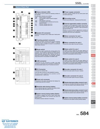 15 Brake switch for axis 1 
This switch is used to release the axis brake. Setting it to 
the left position (RLS side) forcibly releases the brake, 
while setting it to the right position (NOM side) causes the 
controller to automatically control the brake. 
SSEL 584 
Name of Each Part 
$#6 $#6 
5$#6 
2 System I/O connector 
Connector for emergency stop / enable input / brake power 
input, etc. 
11 Grounding screw 
Protective grounding screw. Always ground this screw. 
12 External regenerative resistor connector 
A connector for the regenerative resistor that must be 
connected when the built-in regenerative resistor alone 
does not offer sufficient capacity in high-acceleration/ 
high-load operation, etc. 
Whether or not an external regenerative resistor is 
necessary depends on the conditions of your specific 
application such as the axis configuration. 
13 Motor connector for axis 1 
Connects the motor cable of the axis 1 actuator. 
14 Motor connector for axis 2 
Connects the motor cable of the axis 2 actuator. 
16 Brake switch for axis 2 
This switch is used to release the axis brake. Setting it to 
the left position (RLS side) forcibly releases the brake, 
while setting it to the right position (NOM side) causes the 
controller to automatically control the brake. 
17 Encoder connector for axis 1 
Connect the encoder cable of the axis 1 actuator. 
18 Encoder connector for axis 2 
Connect the encoder cable of the axis 2 actuator. 
19 Absolute-data backup battery connector for axis 1 
A connector for the battery that backs up absolute data for 
axis 1 when the actuator uses an absolute encoder. 
20 Absolute-data backup battery connector for axis 2 
A connector for the battery that backs up absolute data for 
axis 2 when the actuator uses an absolute encoder. 
21 System-memory backup battery connector 
A connector for the system-memory backup battery. 
3 Teaching pendant connector 
A half-pitch I/O 26-pin connector that connects a teaching 
pendant when the running mode is MANU. A special 
conversion cable is needed to connect a conventional 
Dsub, 25-pin connector. 
4 Mode switch 
This switch is used to specify the running mode of the 
controller. The left position indicates the MANU (manual 
operation) mode, while the right position indicates the 
AUTO (automatic operation) mode. Teaching can only be 
performed as manual operation, and automatic operation 
using external I/Os is not possible in the MANU mode. 
5 USB connector 
A connector for PC connection via USB. If the USB 
connector is connected, the TP connector is disabled and 
all communication inputs to the TP connector are cut off. 
6 I/O Connector 
A connector for interface I/Os. 
34-pin flat cable connector for DIO (24IN/8OUT) interface. 
I/O power is also supplied to the controller via this 
connector (Pin No. 1 and No. 34). 
7 Panel unit connector 
A connector for the panel unit (optional) that displays the 
controller status and error numbers. 
8 Absolute data backup battery 
When an absolute-type axis is operated, this battery retains 
position data even after the power is cut off. 
9 System memory backup battery (Option) 
This battery is needed if you wish to retain various data 
recorded in the SRAM of the controller even after the 
power is cut off. 
This battery is optional. Specify it if necessary. 
10 Power supply connector 
AC power connector. Divided into the control power input 
and motor power input. 
1 Status indicator LEDs 
These LEDs are used to indicate the operating condition of 
the controller. 
The LED status indicators are as follows: 
PWR ： Power is input to controller. 
RDY ： The controller is ready to perform program 
operation. 
ALM ： The controller is abnormal. 
EMG ： An emergency stop is actuated and the drive 
source is cut off. 
SV1 ： The axis 1 actuator servo is on. 
SV2 ： The axis 2 actuator servo is on. 
11 
12 
13 
15 
16 
14 
17 
18 
1 9 
10 
8 
2 
3 
4 
5 
6 
7 
19 
20 
8 
9 
21 
Slider 
Type 
Mini 
Standard 
Controllers 
Integrated 
Rod 
Type 
Mini 
Standard 
Controllers 
Integrated 
Table/Arm 
/Flat Type 
Mini 
Standard 
Gripper/ 
Rotary Type 
Linear Servo 
Type 
Cleanroom 
Type 
Splash-Proof 
Controllers 
PMEC 
/AMEC 
PSEP 
/ASEP 
ROBO 
NET 
ERC2 
PCON 
ACON 
SCON 
PSEL 
ASEL 
SSEL 
XSEL 
Pulse Motor 
Servo Motor 
(24V) 
Servo Motor 
(200V) 
Linear 
Servo Motor 
SSEL Controller 
Sold  Serviced By: 
ELECTROMATE 
Toll Free Phone (877) SERVO98 
Toll Free Fax (877) SERV099 
www.electromate.com 
sales@electromate.com 
 