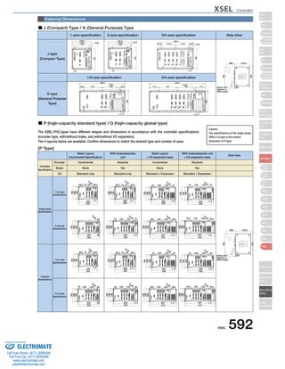 XSEL Controller 
Slider 
Type 
Mini 
Standard 
Controllers 
Integrated 
Rod 
Type 
Mini 
Standard 
Controllers 
Integrated 
Table/Arm 
/FlatType 
Mini 
Standard 
Gripper/ 
Rotary Type 
Linear Servo 
Type 
Cleanroom 
Type 
Splash-Proof 
Controllers 
PMEC 
/AMEC 
PSEP 
/ASEP 
ROBO 
NET 
ERC2 
PCON 
ACON 
SCON 
PSEL 
ASEL 
SSEL 
XSEL 
Pulse Motor 
Servo Motor 
(24V) 
Servo Motor 
(200V) 
Linear 
Servo Motor 
■ J (Compact) Type / K (General Purpose) Type 
1-axis specification 3/4-axis specification Side View 
159.4 
143.4 2-ø5 
120 
296.8 
2-ø5 
1/2-axis specification 3/4-axis specification 
369.4 
■ P (high-capacity standard type) / Q (high-capacity global type) 
Caution 
The specifications of the single phase 
200V in Q type is the exterior 
dimension of P type. 
Brake 
I/O Standard only Standard only Standard + Expansion Standard + Expansion 
186 
180 
186 
195 
186 
5 
249 
3-ø5 
49.5 75 75 49.5 
249 
265 
186 
180 
186 
195 
186 
59.5 75 75 59.5 
269 
3-ø5 
59.5 75 75 59.5 
5 
269 
285 
180 
195 
186 
195 
186 
41 120 120 41 
3-ø5 
322 
41 120 120 41 
5 
322 
338 
180 
186 
195 
195 
120 51 
3-ø5 
342 
51 120 120 51 
5 
342 
358 
284 
300 
195 
186 
180 
22 120 120 22 
5 
3-ø5 
324 
340 
195 
186 
180 
42 120 120 42 
5 
3-ø5 
357 
373 
195 
186 
180 
58.5 120 120 58.5 
5 
3-ø5 
397 
413 
195 
186 
180 
78.5 120 120 78.5 
5 
3-ø5 
External Dimensions 
J type 
(Compact Type) 
K type 
(General Purpose 
Type) 
The XSEL-P/Q types have different shapes and dimensions in accordance with the controller specifications 
(encoder type, with/without brake, and with/without I/O expansion). 
The 4 layouts below are available. Confirm dimensions to match the desired type and number of axes. 
XSEL-P XSEL-Q 
Encoder Incremental 
Controllers 
Specifications 
Single phase 
Specifications 
3 phases 
Specifications 
1 to 4 axis 
Specifications 
5 to 6 axis 
Specifications 
1 to 4 axis 
Specifications 
5 to 6 axis 
Specifications 
Absolute Incremental Absolute 
None Yes None Yes 
[P Type] 
Basic Layout 
(Incremental Specification) 
2-axis specification 
With brake/absolute 
unit 
Basic Layout 
+ I/O expansion base 
With brake/absolute unit 
+ I/O expansion base 
Side View 
180 
195 
49.5 3-ø5 
5 
49.5 75 75 
265 
186 
5 
112.5 112.5 35.9 
35.9 
186 
5 
3-ø5 
(80) 125.3 
195 
180 
Battery Box (24) 
(Applies to 
ABS model) 
3-ø5 
5 
186 
34.7 150 150 34.7 
3-ø5 
5 
186 
77.2 
454.4 
150 150 77.2 
191.9 
175.9 
120 
186 
5 
180 
195 
3-ø5 
5 
285 
180 
186 
3-ø5 
5 
338 
180 
186 
195 
3-ø5 
51 120 
5 
358 
(80) 125.3 
195 
180 
Battery Box (24) 
(Applies to 
ABS model) 
284 
300 
180 
195 
22 
5 
3-ø5 
324 
340 
180 
195 
42 120 120 42 
5 
3-ø5 
357 
373 
180 
195 
58.5 120 120 58.5 
5 
3-ø5 
397 
413 
180 
186 
78.5 120 120 78.5 
5 
3-ø5 
XSEL 592 
Sold  Serviced By: 
ELECTROMATE 
Toll Free Phone (877) SERVO98 
Toll Free Fax (877) SERV099 
www.electromate.com 
sales@electromate.com 
 