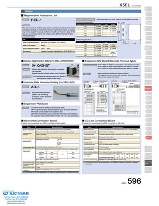 XSEL Controller 
Slider 
Type 
Mini 
Standard 
Controllers 
Integrated 
Rod 
Type 
Mini 
Standard 
Controllers 
Integrated 
Table/Arm 
/FlatType 
Mini 
Standard 
Gripper/ 
Rotary Type 
Linear Servo 
Type 
Cleanroom 
Type 
Splash-Proof 
Controllers 
PMEC 
/AMEC 
PSEP 
/ASEP 
ROBO 
NET 
ERC2 
PCON 
ACON 
SCON 
PSEL 
ASEL 
SSEL 
XSEL 
Pulse Motor 
Servo Motor 
(24V) 
Servo Motor 
(200V) 
Linear 
Servo Motor 
Option 
Model 
REU-1 
Details 
This unit converts to heat the regenerative current produced when the motor 
decelerates. Although the controller has a built-in regenerative resistor, its capacity 
may not be enough if the axis is positioned vertically and the load is large. In this 
case, one or more regenerative units will be required. (Refer to the table at right) 
Item 
Main Unit dimensions 
Main Unit Weight 
Built-in regenerative resistor 
Accessory 
Specifications 
W34mm × H195mm × D126mm 
900g 
220Ω　80W 
Controller Connection Cable (Model No. CB-ST-REU010) 1m 
Specifications 
Installation Standards Determined by the total motor capacity of vertical axes connected. 
ø5 
175 
16.6 126 
34 
5 
195 
186 
▉ Regenerative Resistance Unit 
■ Absolute Data Retention Battery (For XSEL-J/K/KE/KT/KET) 
Model 
Features 
Packaging 
IA-XAB-BT 
A battery that retains the data stored in an absolute 
type controller. 
Replace when the controller battery alarm illuminates. 
1 Unit (One battery is required for each axis. Specify a 
quantity for the number of axes used.) 
Number of connecting units 
0 pc 
1 pc 
2 pc 
3 pc 
4 pc 
■ Expansion SIO Board (General-Purpose Type) 
■ Absolute Data Retention Battery (For XSEL-P/Q) 
Model 
Features 
AB-5 
Absolute data retention 
battery for operating 
actuators under absolute 
specification. 
■ Expansion PIO Board 
Details An optional board for adding I/O (input/output) points. 
With the general-purpose and large-capacity types, up to three expansion 
PIO boards can be installed in the expansion slots. 
(With the compact types, only one expansion PIO board can be installed in 
the expansion slot, provided that the controller is of 3 or 4-axis specification.) 
Model/Specifications IA-105-X-MW-A (for RS232C connection) (Board + joint cables (1), 2 included) 
IA-105-X-MW-B (for RS422 connection) (Board + joint cables (2), 1 included) 
IA-105-X-MW-C (for RS485 connection) (Board + joint cables (2), 1 included) 
XM2D-1501 XM2A-0901 
Wire Color No.Signal Color Wire 
SD 1 3 SD 
RS 3 
7 RS 
ER 5 4 ER 
DR 6 6 DR 
9 
12 
14 
1 No connector 
No. 
1 
8 
9 
10 
12 
14 
White/Black dot 
■ DeviceNet Connection Board ■ CC-Link Connection Board 
A board for connecting the XSEL controller to DeviceNet. A board for connecting the XSEL controller to CC-Link. 
Item 
Number of I/O Points 
Communication 
Standard 
Communication 
specifications 
Communication Rate 
Communication 
cable length 
Communication Power Supply 
Low Current Communication 
Power Supply 
Number of Reserved Nodes 
Connector 
Specifications 
1 board, 256 input points / 256 output points *Only 1 can be installed 
Interface module certified under DeviceNet 2.0 (certification to be obtained) 
Group 2 Only Server 
Insulated node operating on network power supply 
Master-Slave connection 
500k/250k/125kbps (Selectable by DIP switch) 
Communication Rate 
500 kbps 
250 kbps 
125 kbps 
Maximum network length 
100m 
250m 
500m 
Maximum branch length 
(Note) When a large DeviceNet cable is used 
24VDC (supplied from DeviceNet) 
60mA or higher 
1 node 
MSTBA2.5/5-G.08AUM by Phoenix Contact (*1) 
6m 
Total branch length 
39m 
78m 
156m 
Bit strobe 
Polling 
Cyclic 
(*1) The connector on the cable (SMSTB2.5/5-ST-5.08AU by Phoenix Contact) is a standard accessory. 
Details Board for serial communications with external equipment. 
This board has two port channels and implements three communication 
modes using the supplied joint cable(s). 
Joint cable 1Model: CB-ST-232J001 
Controller 
side 
Cable 
connection side 
1 
1 
100mm 
AWG24 x7 core 
1 
9 
11 
AWG24 x7 core 
8 
10 
SG 
13 
Wiring Diagram 
CS 4 CS 
7 5 SG 
15 
Orange/Black dot 
Light Gray/Black dot 
Light Gray/Red dot 
White/Black dot 
White/Black dot 
White/Red dot 
Yellow/Black dot 
Orange/Black dot 
Orange/Black dot 
Light Gray/Black dot 
Light Gray/Red dot 
White/Black dot 
White/Red dot 
Yellow/Black dot 
Signal No. 
RD 2 2 RD 
8 
* Please provide your 
own cable to 
connect to the 
external equipment 
Joint cable 2Model: CB-ST-422J010 
Controller side 
* Use by connecting to 
a terminal block, etc. 
AWG24 x7 core 
1m (1000mm) 
50mm 
11 
15 
SD+ 
13 
TRM 
5 
Wire Color Signal 
2 
RD- 
4 
RD+ 
3 
SD- 
6 
XM2D-1501 
7 
Wiring Diagram 
Orange/Black dot 
Orange/Red dot 
Light Gray/Black dot 
Light Gray/Red dot 
Orange/Black dot 
Orange/Red dot 
White/Black dot 
Light Gray/Black dot 
Light Gray/Red dot 
Item 
Number of I/O Points 
Communication Standard 
Communication Rate 
Communication method 
Asynchronous 
Encoding Format 
Transmission path type 
Transmission Format 
Error control method 
Number of Reserved Stations 
Communication 
cable length 
Connector (Controller-side) 
Specifications 
1 board, 256 input points / 256 output points *Only 1 can be installed 
CC-Link Ver1.10 (certified) 
10M/5M/2.5M/625k/156kbps (switched using a rotary switch) 
Broadcast polling method 
Frame synchronization method 
NRZI 
Bus Format (EIA RS485 Compliant) 
HDLC Compliant 
CRC (X16+X12+X5+X1) 
1 to 3 Stations (Remote Device Stations) 
Communication Rate (bps) 
Communication cable length 
10M 
100 
5M 
160 
MSTBA2.5/5-G.08AUM by Phoenix Contact (*1)) 
2.5M 
400 
625k 
900 
156k 
1200 
(*1) The connector on the cable (SMSTB2.5/5-ST-5.08AU by Phoenix Contact) is a standard 
accessory. 
P/Q Type 
to 100W 
to 600W 
to 1200W 
to 1800W 
to 2400W 
J Type 
to 200W 
to 800W 
− 
− 
− 
K Type 
to 800W 
to 1200W 
to 1600W 
− 
− 
Horizontal Application 
Number of connecting units 
0 pc 
1 pc 
2 pc 
3 pc 
4 pc 
5 pc 
P/Q Type 
to 100W 
to 600W 
to 1000W 
to 1400W 
to 2000W 
to 2400W 
J Type 
to 200W 
to 600W 
to 800W 
− 
− 
− 
K Type 
to 400W 
to 800W 
to 1200W 
When exceeding 
1200W, 
please contact 
IAI. 
Vertical Application 
XSEL 596 
Sold  Serviced By: 
ELECTROMATE 
Toll Free Phone (877) SERVO98 
Toll Free Fax (877) SERV099 
www.electromate.com 
sales@electromate.com 
 