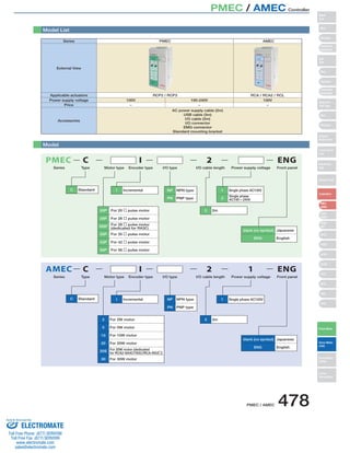 HOME 
Accel  Speed Setting 
FWD 
BACK 
Series PMEC 
I 2 ENG 
NP NPN type 
PN PNP type 2 
1 Single phase AC100V 
blank (no symbol) Japanese 
20P 
28P 
28SP 
For 20  pulse motor 
For 28  pulse motor 
For 28  pulse motor 
(dedicated for RA3C) 
C I 2 1 
ENG 
Front panel 
blank (no symbol) Japanese 
PMEC / AMEC 478 
Accel  Speed Setting 
Middle 
Test run 
Manual 
Complete 
FWD 
BACK 
STOP RUN 
Normal 
Brake 
Release 
Teaching Port USB 
FWD 
POS 
BACK 
POS 
HOME 
Continuous 
Complete 
FWD 
POS 
BACK 
POS 
Normal 
Brake 
Release 
Teaching Port 
Test run 
Manual 
Continuous 
STOP RUN 
USB 
Model List 
Model 
C Standard I Incremental 
2 2m 
NP NPN type 
PN PNP type 
1 Single phase AC100V 
AMEC 
Type Motor type Encoder type I/O type I/O cable length Power supply voltage 
2 
5 
10 
20 
20S 
30 
For 2W motor 
For 5W motor 
For 10W motor 
For 20W motor 
For 20W motor (dedicated 
for RCA2-SA4C/TA5C/RCA-RA3) 
For 30W motor 
Series 
C Standard I Incremental 
2 2m 
Single phase 
AC100~240V 
ENG English 
PMEC 
Series Type Motor type Encoder type I/O type I/O cable length Power supply voltage Front panel 
ENG English 
C 
35P 
42P 
56P 
For 35  pulse motor 
For 42  pulse motor 
For 56  pulse motor 
External View 
Applicable actuators 
Power supply voltage 
Price 
RCP2 / RCP3 RCA / RCA2 / RCL 
100V 
− 
100-240V 
− 
AC power supply cable (2m) 
USB cable (3m) 
I/O cable (2m) 
I/O connector 
EMG connector 
Standard mounting bracket 
100V 
− 
Accessories 
AMEC 
Slider 
Type 
Mini 
Standard 
Controllers 
Integrated 
Rod 
Type 
Mini 
Standard 
Controllers 
Integrated 
Table/Arm 
/Flat Type 
Mini 
Standard 
Gripper/ 
Rotary Type 
Linear Servo 
Type 
Cleanroom 
Type 
Splash-Proof 
Controllers 
PMEC 
/AMEC 
PSEP 
/ASEP 
ROBO 
NET 
ERC2 
PCON 
ACON 
SCON 
PSEL 
ASEL 
SSEL 
XSEL 
Pulse Motor 
Servo Motor 
(24V) 
Servo Motor 
(200V) 
Linear 
Servo Motor 
PMEC / AMEC Controller 
Sold  Serviced By: 
ELECTROMATE 
Toll Free Phone (877) SERVO98 
Toll Free Fax (877) SERV099 
www.electromate.com 
sales@electromate.com 
 