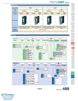 PSEP / ASEP Controller 
Model List 
I 0 
Series name 
Number of 
positions 
Standard price 
C Standard type 
CW Dustproof type I Incremental type 
ASEP 
Simple absolute 
ABU Simple absolute type 
0 DC24V 
NP NPN type 
PN PNP type 
0 No cable 
2 2m 
3 3m 
5 5m 
(with absolute battery unit) 
Simple absolute type 
(without absolute battery unit) 
ABUN 
(Blank) Incremental type 
PSEP 
Series Type Motor Encoder 
type 
I/O type I/O cable length Power 
supply voltage 
compatible 
20P 
28P 
28SP 
35P 
42P 
56P 
20  pulse 
motor compatible 
28  pulse 
motor-compatible 
28  pulse motor 
compatible (RA3C only) 
35  pulse 
motor-compatible 
42  pulse 
motor-compatible 
56  pulse 
motor-compatible 
High acceleration 
compatible model 
Blank Standard 
H 
High acceleration 
compatible model 
* If connecting to RCP3-SA4/SA5/SA6 
RCP2(RCP2CR)-SA5/SA6, 
specify H, for high-acceleration 
compatible model. 
ASEP 0 
C Standard type 
CW Dustproof type 
I Incremental type 
2 2W motor-compatible 
5 5W motor-compatible 
10 10W motor-compatible 
20 20W motor-compatible 
20S 
20W motor-compatible 
(RCA2-SA4/TA5, RCA-RA3 only) 
30 30W motor-compatible 
ABU 
Simple absolute 
compatible 
Simple absolute type 
(with absolute battery unit) 
0 DC24V 
0 No cable 
2 2m 
3 3m 
5 5m 
I 
Power-saving 
NP NPN type 
PN PNP type 
ABUN 
Series Type Motor Encoder Option 
type 
I/O type I/O cable length Power 
supply voltage 
Simple absolute type (without 
absolute battery unit) 
(Blank) Incremental type 
LA 
Type 
Name 
External View 
Description 
Position controller, for pulse motors, 
specialized to 2 positions / 3 positions 
positioning and easier control 
PSEP-C dustproof type with an 
IP53 equivalent protection 
structure 
Position controller, for servo motors, 
specialized to 2 positions / 3 positions 
positioning and easier control 
ASEP-C dustproof type with an 
IP53 equivalent protection 
structure 
PSEP 
C CW C CW 
Standard Dustproof Standard Dust proof 
Positioning 
method 
Incremental 
encoder 
Simple 
absolute 
type 
Incremental 
encoder 
Simple 
absolute 
type 
Incremental 
encoder 
Simple 
absolute 
type 
Incremental 
encoder 
Simple 
absolute 
type 
Model 
2 positions / 3 positions 
− − − − − − − − 
Slider 
Type 
Mini 
Standard 
Controllers 
Integrated 
Rod 
Type 
Mini 
Standard 
Controllers 
Integrated 
Table/Arm 
/Flat Type 
Mini 
Standard 
Gripper/ 
Rotary Type 
Linear Servo 
Type 
Cleanroom 
Type 
Splash-Proof 
Controllers 
PMEC 
/AMEC 
PSEP 
/ASEP 
ROBO 
NET 
ERC2 
PCON 
ACON 
SCON 
PSEL 
ASEL 
SSEL 
XSEL 
Pulse Motor 
Servo Motor 
(24V) 
Servo Motor 
(200V) 
Linear 
Servo Motor 
PSEP / ASEP 488 
Sold  Serviced By: 
ELECTROMATE 
Toll Free Phone (877) SERVO98 
Toll Free Fax (877) SERV099 
www.electromate.com 
sales@electromate.com 
 