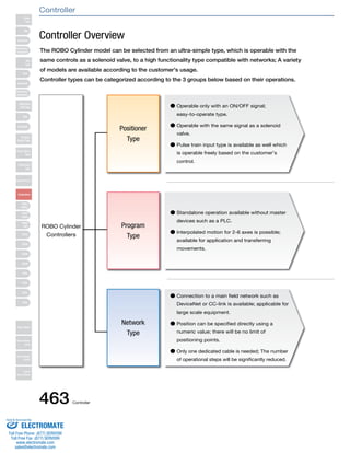 Controller Overview 
The ROBO Cylinder model can be selected from an ultra-simple type, which is operable with the 
same controls as a solenoid valve, to a high functionality type compatible with networks; A variety 
of models are available according to the customer's usage. 
Controller types can be categorized according to the 3 groups below based on their operations. 
● Operable only with an ON/OFF signal; 
easy-to-operate type. 
● Operable with the same signal as a solenoid 
valve. 
● Pulse train input type is available as well which 
is operable freely based on the customer's 
control. 
● Standalone operation available without master 
devices such as a PLC. 
● Interpolated motion for 2-6 axes is possible; 
available for application and transferring 
movements. 
● Connection to a main field network such as 
DeviceNet or CC-link is available; applicable for 
large scale equipment. 
● Position can be specified directly using a 
numeric value; there will be no limit of 
positioning points. 
● Only one dedicated cable is needed; The number 
of operational steps will be significantly reduced. 
ROBO Cylinder 
Controllers 
Positioner 
Type 
Program 
Type 
Network 
Type 
Slider 
Type 
Mini 
Standard 
Controllers 
Integrated 
Rod 
Type 
Mini 
Standard 
Controllers 
Integrated 
Table/Arm 
/Flat Type 
Mini 
Standard 
Gripper/ 
Rotary Type 
Linear Servo 
Type 
Cleanroom 
Type 
Splash-Proof 
Controllers 
PMEC 
/AMEC 
PSEP 
/ASEP 
ROBO 
NET 
ERC2 
PCON 
ACON 
SCON 
PSEL 
ASEL 
SSEL 
XSEL 
Pulse Motor 
Servo Motor 
(24V) 
Servo Motor 
(200V) 
Linear 
Servo Motor 
Controller 
463 Controller 
Sold & Serviced By: 
ELECTROMATE 
Toll Free Phone (877) SERVO98 
Toll Free Fax (877) SERV099 
www.electromate.com 
sales@electromate.com 
 