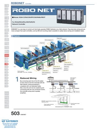 ROBONET Controller 
■ Model :RGW-†/RACON/RPCON/RABU/REXT 
ROBONET is a new type of control unit that freely operates ROBO Cylinders via a field network. They have less wiring and are 
more compact than past controllers, and by DIN rail mounting make it possible to vastly reduce wiring and installation labor. 
Features 
Reduced Wiring 
By connecting each line of the I/O cables 
to lines wired to the PLC terminals with the 
field network, wiring processing is 
completed with one dedicated cable. 
Also, since the unit can be coupled by just 
connecting with the unit connection board, 
the controller wiring work is greatly 
simplified. 
1 
1 
Press fit B 
2 
3 
Field network 
DeviceNet / CC-Link / ProfiBus 
Operation 
Operation 
Operation 
PLC 
Part conveyance A 
Part conveyance A 
Part conveyance B 
Part conveyance B 
Part conveyance C 
Part conveyance C 
Press fit A 
Ejection 
Press fit B 
Ejection 
PLC 
Data like movement zone/speed/acceleration etc. 
Field network 
DeviceNet 
CC-Link 
ProfiBus 
Part 
Conveyance A 
Part 
Conveyancet B 
Part 
Conveyance C 
Press 
fit A 
Press 
fit B Ejection 
ROBONET communications connection 
board (see P513) 
Power supply connection 
board (see P513) 
Terminal resistor board 
(see P513) 
(Connected part in ROBONET units) 
Press fit A 
For RCA2/RCA/RCL/RCP3/RCP2 
Network Controller 
503 ROBONET 
Slider 
Type 
Mini 
Standard 
Controllers 
Integrated 
Rod 
Type 
Mini 
Standard 
Controllers 
Integrated 
Table/Arm 
/Flat Type 
Mini 
Standard 
Gripper/ 
Rotary Type 
Linear Servo 
Type 
Cleanroom 
Type 
Splash-Proof 
Controllers 
PMEC 
/AMEC 
PSEP 
/ASEP 
ROBO 
NET 
ERC2 
PCON 
ACON 
SCON 
PSEL 
ASEL 
SSEL 
XSEL 
Pulse Motor 
Servo Motor 
(24V) 
Servo Motor 
(200V) 
Linear 
Servo Motor 
Sold  Serviced By: 
ELECTROMATE 
Toll Free Phone (877) SERVO98 
Toll Free Fax (877) SERV099 
www.electromate.com 
sales@electromate.com 
 