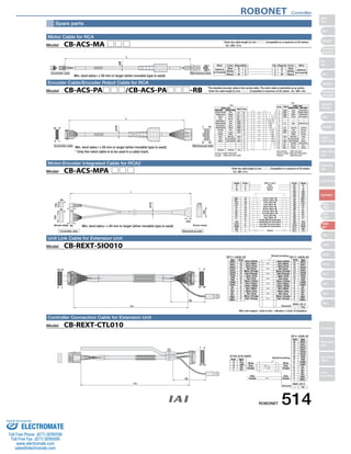 Wire Color Signal No. 
V U 
CN2 Cable color 
Pin No. Signal 
1 
2 
3 
4 
5 
6 
7 
8 
9 
10 
11 
12 
13 
14 
15 
16 
17 
18 
− 
− 
− 
− 
Robot Cable 
White/Blue 
White/Yellow 
White/Red 
White/Black 
− 
− 
White/Purple 
− 
Ground 
Orange 
Green 
Purple 
Gray 
Red 
Black 
White/Gray 
Blue 
Yellow 
CN1 
Standard Cable 
Gray 
Red 
Black 
Yellow 
− 
− 
Blue 
− 
Ground 
Pink 
Purple 
White 
Blue/red 
Orange/White 
Green/White 
Orange 
Brown 
Green 
18 
17 
16 
15 
14 
13 
12 
11 
10 
9 
8 
7 
6 
5 
4 
3 
2 
1 
Robot Cable 
White/Purple 
White/Gray 
Yellow 
Blue 
White/Blue 
White/Yellow 
White/Red 
White/Black 
Orange 
Green 
Purple 
Gray 
Red 
Black 
− 
− 
− 
Ground 
Standard Cable 
Blue 
Orange 
Green 
Brown 
Gray 
Red 
Black 
Yellow 
Pink 
Purple 
White 
Blue/red 
Orange/White 
Green/White 
− 
− 
− 
Ground 
LS+ 
LS− 
BK+ 
BK− 
ENA 
ENA 
ENB 
ENB 
ENZ 
ENZ 
− 
VPS 
5V 
GND 
− 
− 
− 
F.G 
Housing: PHDR-18VR (JST) 
Contact : SPHD-001T-P0.5 (JST) 
Plug housing : XMP-18V (JST) 
Socket contact : BXA-001T-P0.6 (JST) 
Retainer : XMS-09V (JST) 
Cable color Signal 
ENA 
ENA 
ENB 
ENB 
LS+ 
FG 
ENZ 
ENZ 
VPS 
5V 
GND 
LS− 
BK− 
BK+ 
1 
1 
10 
9 18 
Motor Cable for RCA 
Model　CB-ACS-MA □□□ 
Min. bend radius r = 50 mm or larger (when movable type is used) 
Encoder Cable/Encoder Robot Cable for RCA 
18 
17 
2 1 
L 
L 
(ø10) 
(ø9) 
Controller side Mechanical side 
Pin No. 
Spare parts 
AWG22 
(crimped) White 
U 1 
No. Signal Color Wire 
Red V 
Black W 
12 
3 
2 
3 W 
Red 
White 
Black 
AWG22 
(crimped) 
1 
3 3 
Controller side Mechanical side 
* Enter the cable length (L) into □□□ . Compatible to a maximum of 20 meters. 
　 Ex.: 080 = 8 m 
Model　CB-ACS-PA□□□/CB-ACS-PA□□□-RB 
*The standard encoder cable is the normal cable. The robot cable is selectable as an option. 
* Enter the cable length (L) into □□□ . Compatible to maximum of 20 meters. Ex.: 080 = 8m 
Min. bend radius r = 50 mm or larger (when movable type is used) 
* Only the robot cable is to be used in a cable track. 
Motor-Encoder Integrated Cable for RCA2 
L 
(Wire color) 
Signal Pin No. Pin No. Signal 
U Red 
123 
A1 U 
BK+ 16 
(10) 
(ø12) 
(18) 
(8) 
(12) 
(23) 
(8) 
(5) 
(30) 
(18) 
(Front view) 
Controller side 
(Front view) 
Mechanical side 
VW 
BK− 
LS+ 
LS− 
A+ 
A− 
B+ 
B− 
Z+ 
Z− 
− 
/PS 
VCC 
GND 
NC 
FG 
15 
18 
17 
14 
13 
12 
11 
10 
98765 
1 
Yellow 
Black 
Yellow (Red ) 
Yellow (Blue ) 
Pink (Red ) 
Pink (Blue ) 
White (Red ) 
White (Blue ) 
Orange (Red ) 
Orange (Blue ) 
Gray (Red ) 
Gray (Blue ) 
Orange (Red  Consecutive) 
Orange (Blue  Consecutive) 
Gray (Red  Consecutive) 
Gray (Blue  Consecutive) 
Shield 
B1 
A2 
B2 
A3 
B3 
A4 
B4 
A5 
B5 
A6 
B6 
A7 
B7 
A8 
B8 
A9 
B9 
A10 
B10 
A11 
B11 
VW 
NC 
NC 
NC 
BK+ 
BK− 
LS+ 
LS− 
A+ 
A− 
B+ 
B− 
Z+ 
Z− 
− 
/PS 
VCC 
GND 
NC 
FG 
Model　CB-ACS-MPA □□□ 
* Enter the cable length (L) into □□□ . Compatible to a maximum of 20 meters. 
　 Ex.: 080 = 8 m 
1 2 
15 16 
Min. bend radius r = 84 mm or larger (when movable type is used) 
Unit Link Cable for Extension Unit 
16 15 
2 1 
DF11-16DS-2C 
Signal Pin No. 
DF11-16DS-2C 
Shield braiding 
Black 2/White Black 2/White Signal 
Ground 
RAV1.25-3 
− FG 
Wire color legend: Color of dot Number/Color of insulation 
1m 
50 
/RSV1 
RSV1 
/ROUT 
ROUT 
/RSV0 
RSV0 
/ENA 
ENA 
COM2 
COM1 
SD-SD+ 
RD-RD+ 
EMG-EMG+ 
16 
15 
14 
13 
12 
11 
10 
987654321 
Red 2/White 
Black 2/Gray 
Red 2/Gray 
Black 2/Orange 
Red 2/Orange 
Black 1/Pink 
Red 1/Pink 
Black 1/Yellow 
Red 1/Yellow 
Black 1/White 
Red 1/White 
Black 1/Gray 
Red 1/Gray 
Black 1/Orange 
Red 1/Orange 
Red 2/White 
Black 2/Gray 
Red 2/Gray 
Black 2/Orange 
Red 2/Orange 
Black 1/Pink 
Red 1/Pink 
Black 1/Yellow 
Red 1/Yellow 
Black 1/White 
Red 1/White 
Black 1/Gray 
Red 1/Gray 
Black 1/Orange 
Red 1/Orange 
16 
15 
14 
13 
12 
11 
10 
987654321 
/RSV1 
RSV1 
/ROUT 
ROUT 
/RSV0 
RSV0 
/ENA 
ENA 
COM2 
COM1 
SD-SD+ 
RD-RD+ 
EMG-EMG+ 
Pin No. 
Model　CB-REXT-SIO010 
1 2 
15 16 
Ground 
DF11-16DS-2C 
RAV1.25-3 
− FG 
37104-3122-000FL 
4321 
White 
Gray 
Orange 
Gray 
Orange 
White 
Gray 
Orange 
Gray 
Orange 
Controller Connection Cable for Extension Unit 
4321 
Shield braiding 
1m 
50 
N.C. 
GND 
SD-SD+ 
16 
15 
14 
13 
12 
11 
10 
987654321 
/RSV1 
RSV1 
/ROUT 
ROUT 
/RSV0 
RSV0 
/ENA 
ENA 
COM2 
COM1 
SD-SD+ 
RD-RD+ 
EMG-EMG+ 
Pin No. Signal 
Pin No. Signal 
Model　CB-REXT-CTL010 
ROBONET Controller 
ROBONET 514 
Slider 
Type 
Mini 
Standard 
Controllers 
Integrated 
Rod 
Type 
Mini 
Standard 
Controllers 
Integrated 
Table/Arm 
/Flat Type 
Mini 
Standard 
Gripper/ 
Rotary Type 
Linear Servo 
Type 
Cleanroom 
Type 
Splash-Proof 
Controllers 
PMEC 
/AMEC 
PSEP 
/ASEP 
ROBO 
NET 
ERC2 
PCON 
ACON 
SCON 
PSEL 
ASEL 
SSEL 
XSEL 
Pulse Motor 
Servo Motor 
(24V) 
Servo Motor 
(200V) 
Linear 
Servo Motor 
Sold  Serviced By: 
ELECTROMATE 
Toll Free Phone (877) SERVO98 
Toll Free Fax (877) SERV099 
www.electromate.com 
sales@electromate.com 
 