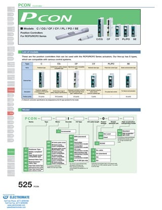 ■ Models　C / CG / CF / CY / PL / PO / SE 
Position Controllers 
For RCP3/RCP2 Series 
CF CY PL/PO SE 
List of models 
These are the position controllers that can be used with the RCP3/RCP2 Series actuators. Our line-up has 6 types, 
which are compatible with various control systems. 
(*1) Network connection specifications are designated by the I/O type symbols for the model. 
P CON 
Series 
0 
C Positioner Type 
CG 
Safety-compliant 
type 
CF High thrust motor 
compatible type 
CY Solenoid Valve Type 
SE 
Serial Communi-cation 
Type 
PL 
Pulse Train Control Type 
(differential line driver model) 
Pulse Train Control Type 
PO (open collector model) 
Type I/O Type I/O cable length Power/ 
I Incremental 
20P 20 frame pulse motor 
28P 
28 frame pulse 
motor-compatible 
28SP 28 frame pulse motor 
(RCP2-RA3C only) 
35P 35 frame pulse 
motor-compatible 
42P 42 frame pulse 
motor-compatible 
56P 56 frame pulse 
motor-compatible 
86P 86 frame pulse 
motor-compatible 
NP NPN (standard) 
PN PNP 
CC CC-Link 
connection model 
ML MECHATROLINK 
connection model 
PR ProfiBus 
connection model 
DV 
DeviceNet 
connection model 
CN CompoNet 
connection model 
No I/O (SE type only) 
Blank Not used 
ABU Used 
0 DC24V 
0 No cable 
2 2m (standard) 
3 3m 
5 5m 
I 
* If SE (serial communication type), or the network model 
(I/O type DV, CC or PR) is selected, specify 0 (no cable) 
* The network models (DV/CN/CC/ML/ 
PR) support C/CG types only. 
* When selecting type SE (serial 
communication), the standard I/O is N 
(no I/O). 
* If connecting to RCP2-RA3C/ for the I/O cable. 
RGD3C, the motor type is 28SP. 
Blank Standard 
H 
High acceleration 
type model 
* If connecting to RCP3-SA4/SA5/SA6 
RCP2(RCP2CR)-SA5/SA6, specify 
H, for high-acceleration type 
model. 
N 
Voltage 
Simple 
absolute unit 
High acceleration 
transporting model 
Motor Encoder 
Type C 
Name Positioner type 
External View 
Description 
Positioner capable of 
a maximum of 512 points 
Positioning 
Position points 512 points 
CG 
Conforming to safety category 
compatible type 
Conforming to type C 
safety category specifications 
512 points 
CF 
High-thrust motor compatible 
type 
Dedicated controller for RCP2 
high-speed type/high-thrust 
type / waterproof type 
512 points 
CY 
Solenoid valve type 
Can be operated using the 
same control 
as the air cylinder type 
3 points 
PL/PO 
Pulse train control type 
For pulse train control 
− 
SE 
Serial communication type 
For Serial communication 
64 points 
Model 
C/CG 
525 PCON 
Slider 
Type 
Mini 
Standard 
Controllers 
Integrated 
Rod 
Type 
Mini 
Standard 
Controllers 
Integrated 
Table/Arm 
/FlatType 
Mini 
Standard 
Gripper/ 
Rotary Type 
Linear Servo 
Type 
Cleanroom 
Type 
Splash-Proof 
Controllers 
PMEC 
/AMEC 
PSEP 
/ASEP 
ROBO 
NET 
ERC2 
PCON 
ACON 
SCON 
PSEL 
ASEL 
SSEL 
XSEL 
Pulse Motor 
Servo Motor 
(24V) 
Servo Motor 
(200V) 
Linear 
Servo Motor 
PCON Controller 
Sold  Serviced By: 
ELECTROMATE 
Toll Free Phone (877) SERVO98 
Toll Free Fax (877) SERV099 
www.electromate.com 
sales@electromate.com 
 