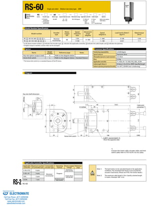RS-60 
Model 
Specification 
Items 
RS 
Single-axis robot Medium size rotary type 60W 
60 
Series Encoder type 
Movement range 
A: Absolute 
specification 
I: Incremental 
specification 
Model Number/Specification 
Speed reduction ratio 
Motor type 
60: 60W 
Model number Encoder 
Key-slot shaft dimension 
RS-2 RS-60 
Applicable controller 
T1: XSEL-J/K 
T2: SCON 
SSEL 
XSEL-P/Q 
Options 
11.5 60 126.5 Cable joint 
2-ø8H7, reamed depth 10 
(from the opposite side) 
30 22 
28 
20 
360: 360 degrees 
4-9 drilled 
30 connector *1 
50: 1/50 
100: 1/100 
39 Home limit switch 198 (300) 
56 56 
76 
11 11 
90 
112 83 
6 38 39 
ø20h7 
ø20h7 6X6 key 
*1 
Connect the motor cable, encoder cable, and limit 
switch cable. Refer to P. RS-4 & RS-5 for the cables. 
Diagram 
type 
Motor 
output 
(W) 
Speed 
reduction 
ratio 
Movement 
range 
(degree) 
Speed 
(degree/s) 
Load inertia (Note1) 
(kg•m2) 
Rated torque 
(N•m) 
RS- - 60-50-360- - - - L Absolute 
Incremental 60 
1/50 
0~360 
1~360 0.108 5.58 
RS- - 60-100-360- - - - L 1/100 1~180 0.421 11.1 
Option 
PosCitoiomnimngo renp Seaptaebciiliftiycations ±0.028 degree 
Speed reducer Harmonic drive 
Allowable dynamic load moment 23.5 N•m 
Mass 3.2 kg 
Applicable controller T1: XSEL-J/K T2: XSEL-P/Q, SSEL, SCON 
Cable length (Note 2) N: None, S: 3m, M: 5m, X: Specified length 
Ambient operating temperature/humidity 0 to 40°C, 85%RH (non-condensing) 
Name Model 
number Reference page Notes 
Key-slot option (output shaft) K Refer to the diagram below 
Home limit switch L Refer to the diagram below Standard feature 
Cable length 
N : None 
S : 3m 
M : 5m 
X: Specified length 
Refer to the options 
table below. 
* In the above model numbers, indicates the encoder type, indicates the applicable controller, indicates the cable length, and indicates the option(s). 
* If higher torque is needed, custom order can be arranged. 
* The home limit switch (L) is standard feature of the RS Series. 
(Note 1) The load inertia is to be calculated based on the application 
conditions. The calculated load inertia is not to exceed the 
actuator’s load inertia. (Please see P. RS-3 for further details.) 
(Note 2) The maximum cable length is 30 m. Specify a desired length 
in meters. (Example. X08 = 8 m) 
Applicable Controller Specifications 
Applicable 
Maximum number 
Connectable 
Controller 
of controlled axes 
encoder type 
Operating 
method 
Power-supply 
voltage 
Reference 
page 
X-SEL-P/Q 6 axes 
Absolute/ 
incremental 
Program 
Single/three-phase 
200 VAC 
X-SEL-J/K 4 axes 
Single-phase 
SSEL 2 axes 100/200 VAC 
SCON 1 axis Positioner pulse 
train control 
Common Specifications 
Sold & Serviced By: 
ELECTROMATE 
Toll Free Phone (877) SERVO98 
Toll Free Fax (877) SERV099 
www.electromate.com 
sales@electromate.com 
 
