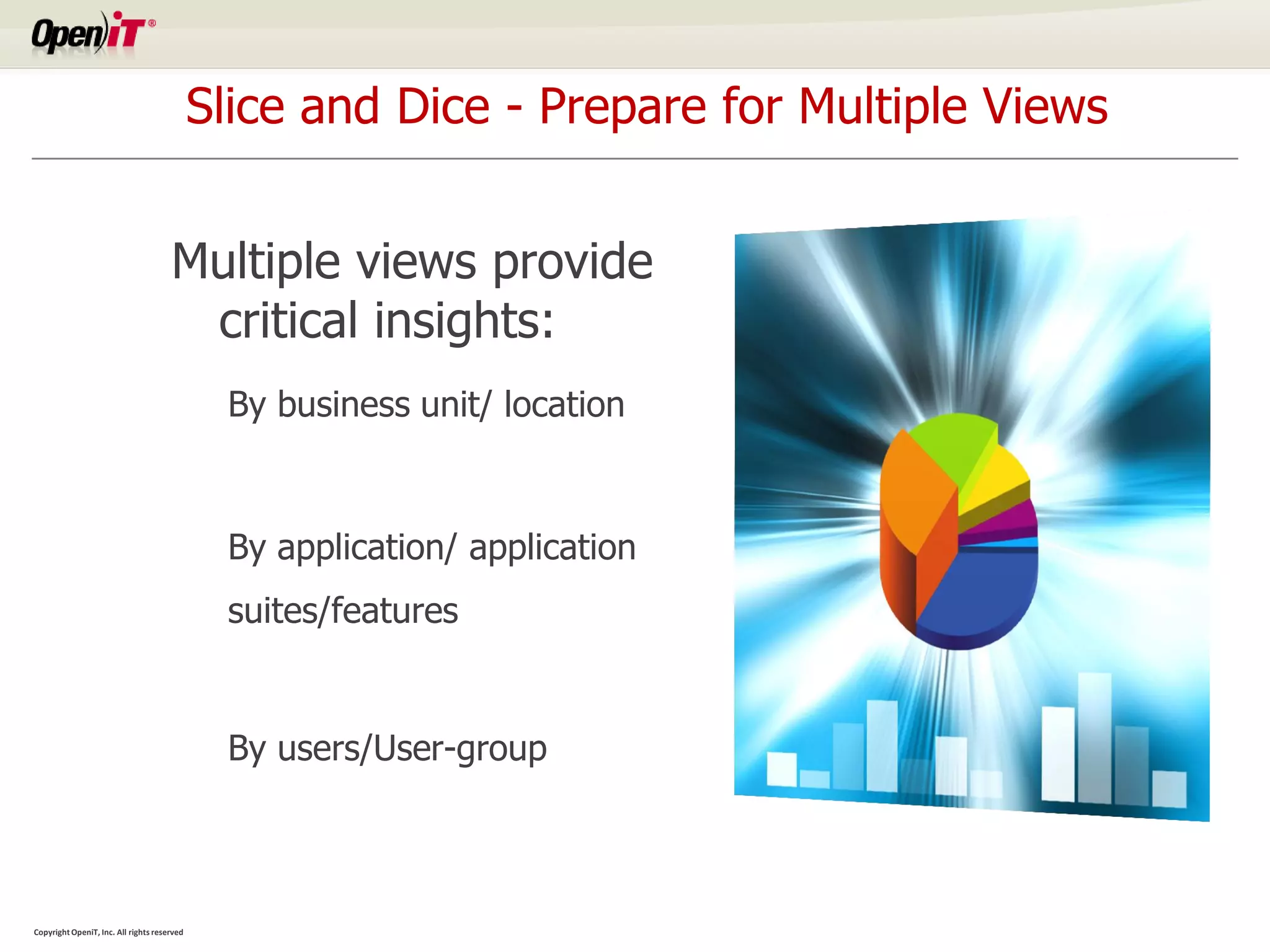 Slice and Dice - Prepare for Multiple Views


                                      Multiple views provide
                                       critical insights:
                                              By business unit/ location



                                              By application/ application
                                              suites/features


                                              By users/User-group



Copyright OpeniT, Inc. All rights reserved
 