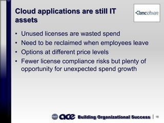 Building Organizational Success 18
Cloud applications are still IT
assets
• Unused licenses are wasted spend
• Need to be reclaimed when employees leave
• Options at different price levels
• Fewer license compliance risks but plenty of
opportunity for unexpected spend growth
 